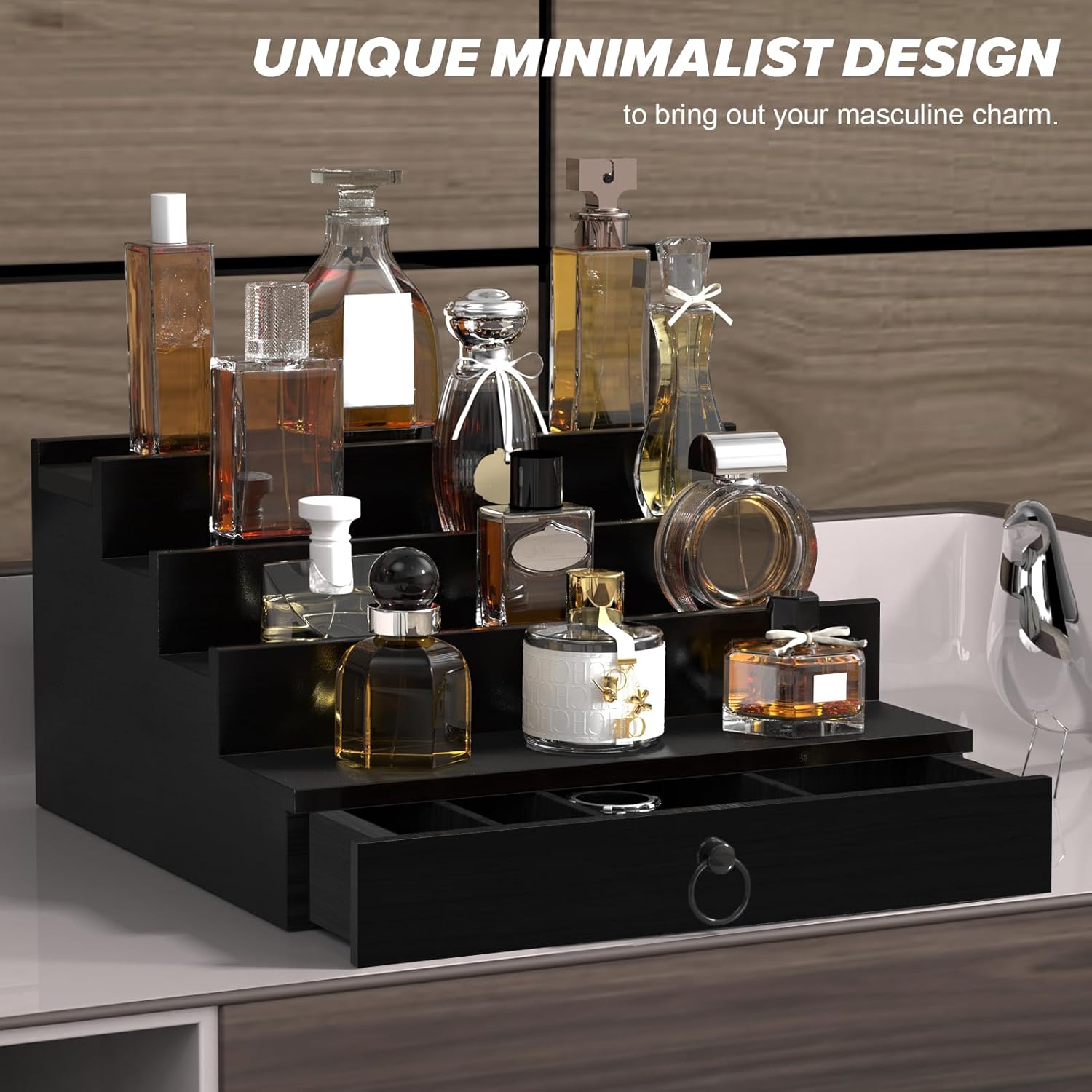 upcessory Organizador de colonia para hombres, organizador de perfume de madera de 4 niveles con cajón de forro de fieltro y compartimento oculto,