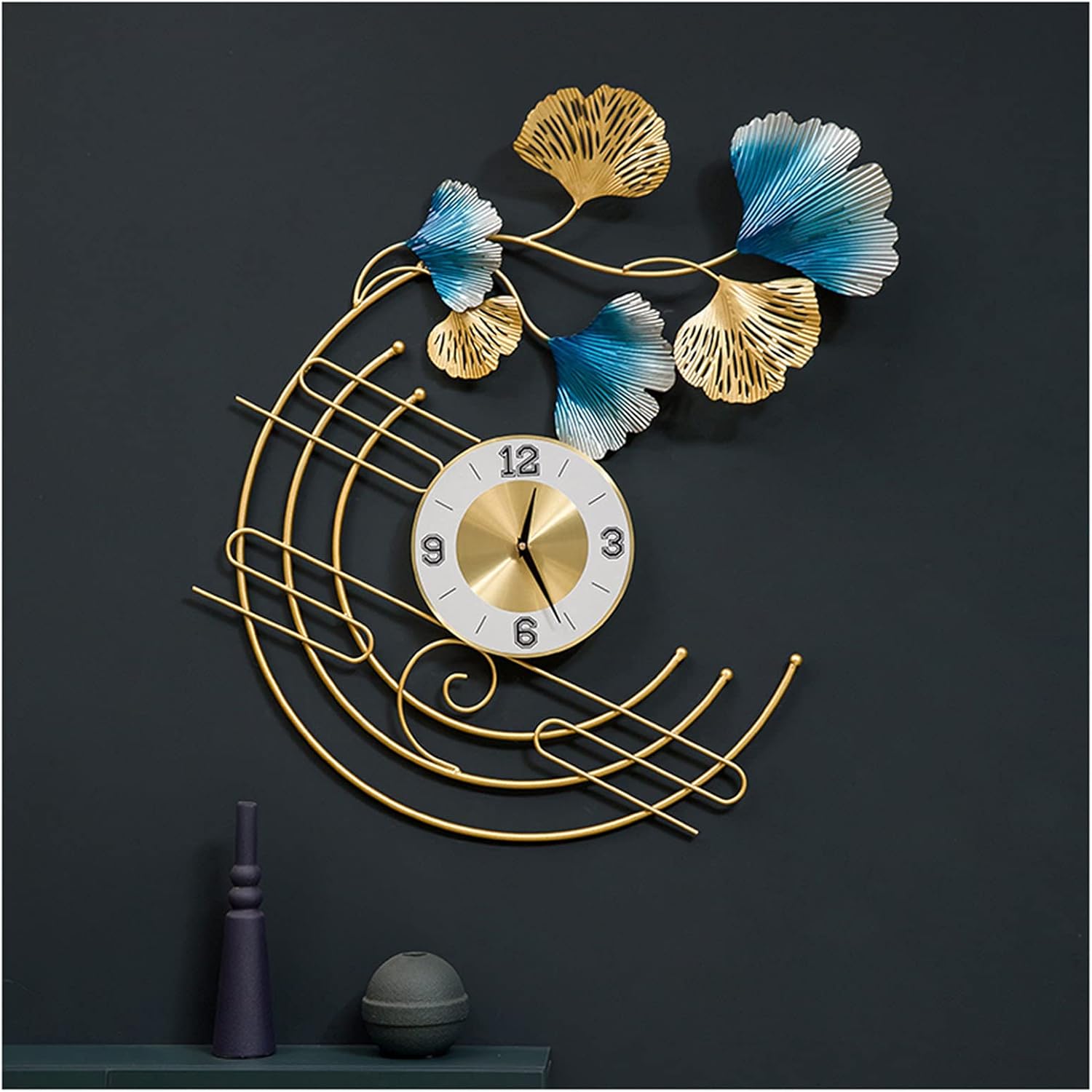 Wall Clock Modern Art Clock Large Metal Clock for Living Room, Modern Ginkgo Leaf Style 3D Art Decorative Gold Quartz Round Shape Silent Movement