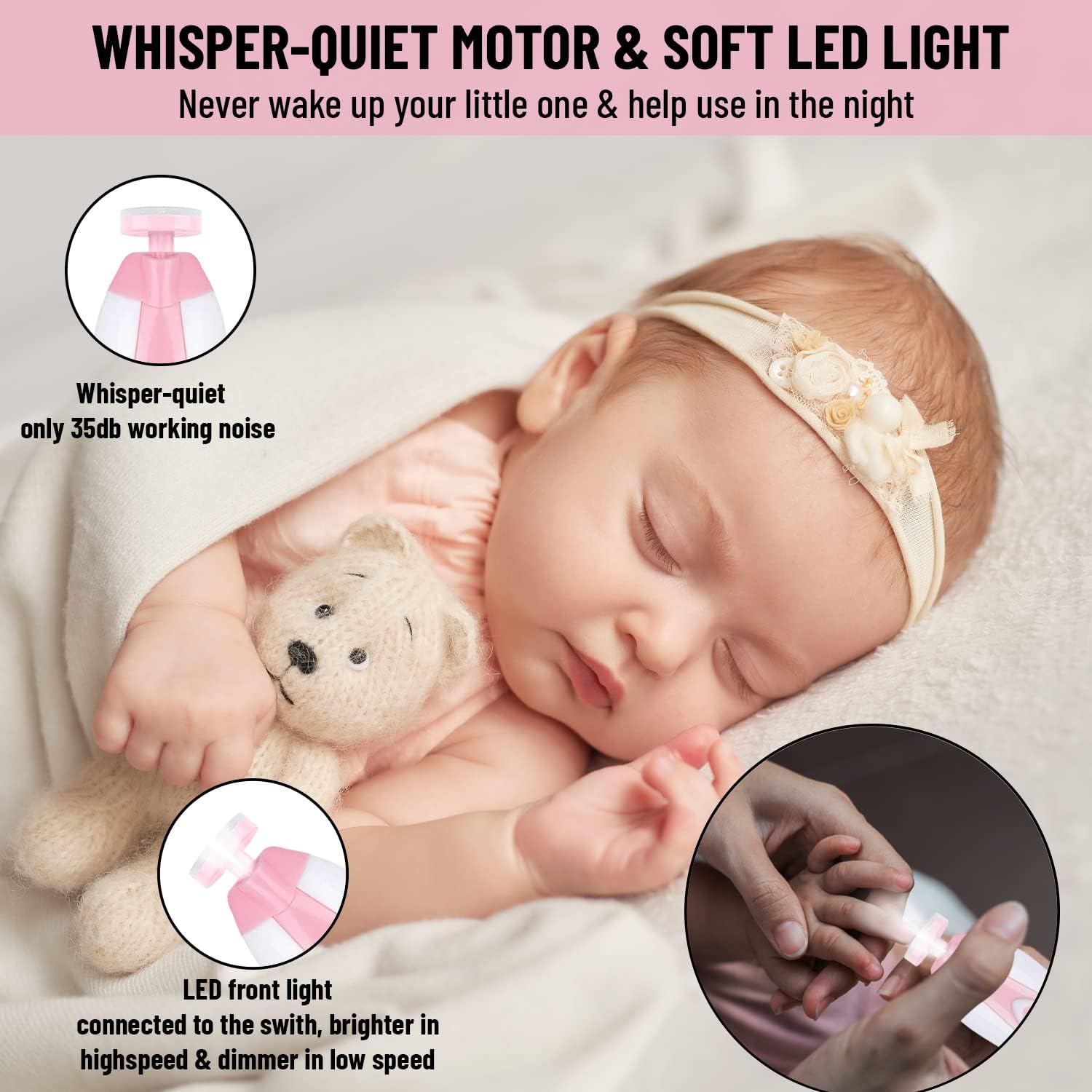 Electric Baby Nail File Trimmer with Light LED, for Newborn Toddler Kids or Adults, Essential and Safe Nail Clippers, Includes case and Different