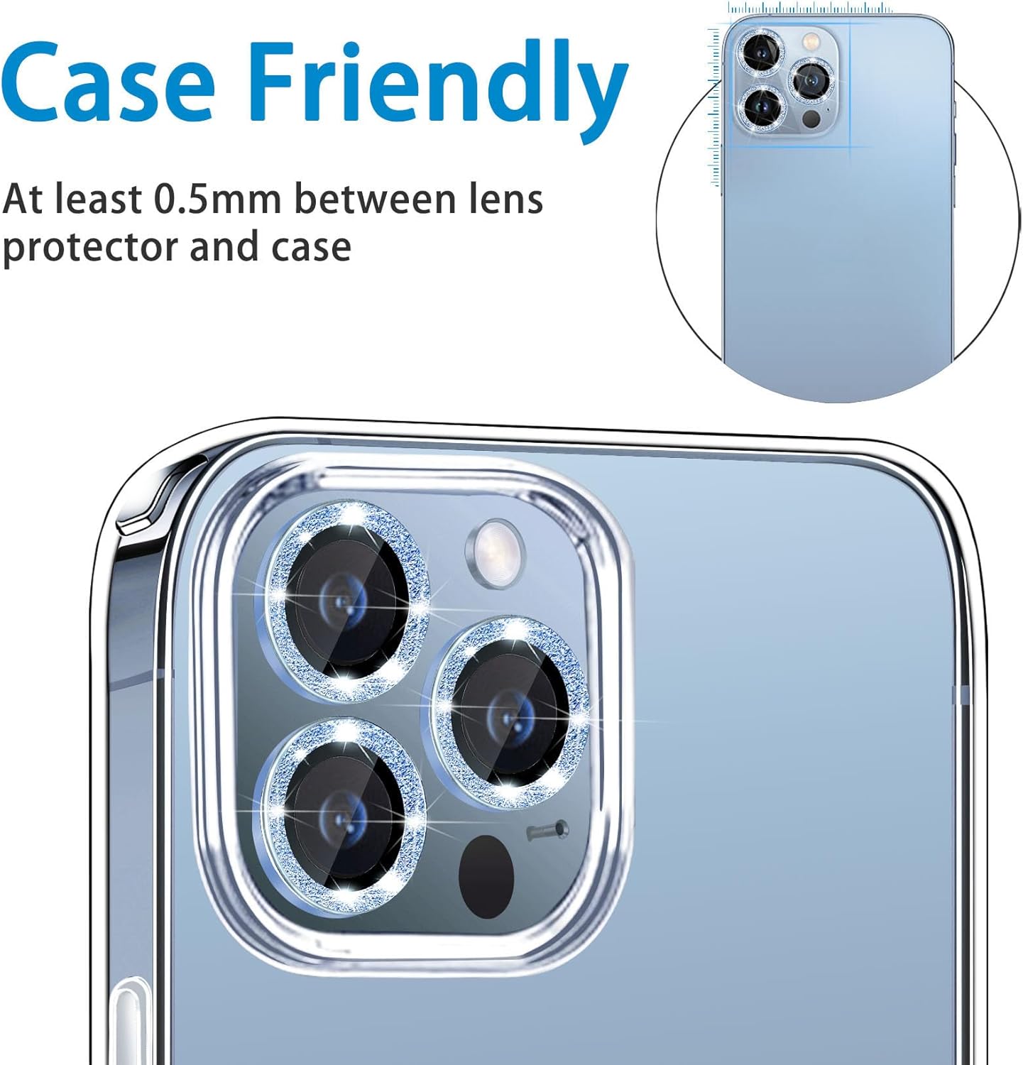 Hsefo Protector de lente de cámara para iPhone 13 Pro y iPhone 13 Pro Max, cubierta de cámara de vidrio templado 9H con purpurina brillante,