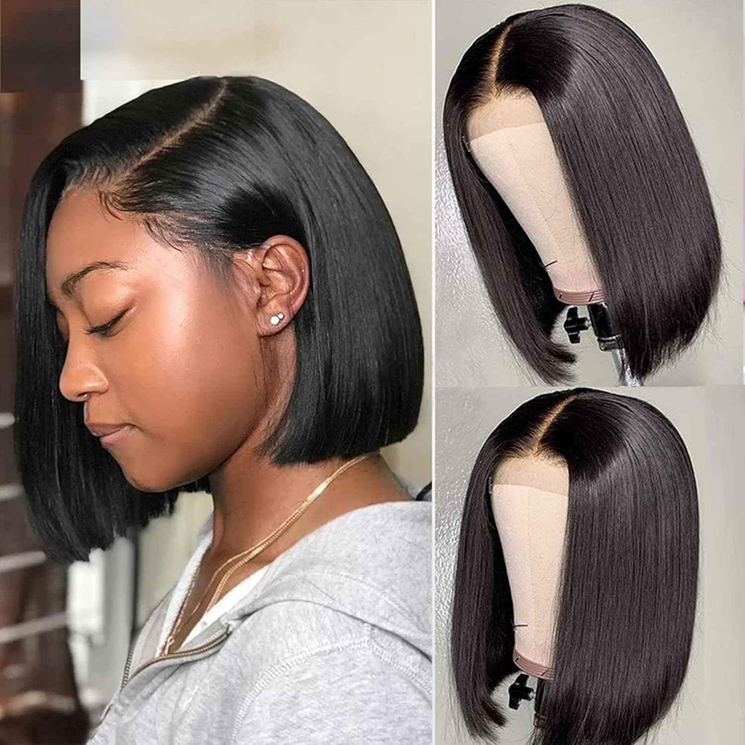 Pelucas de cabello natural estilo Bob para mujeres negras, pelucas de cabello humano con encaje frontal, transparente, sin pegamento, pelucas de