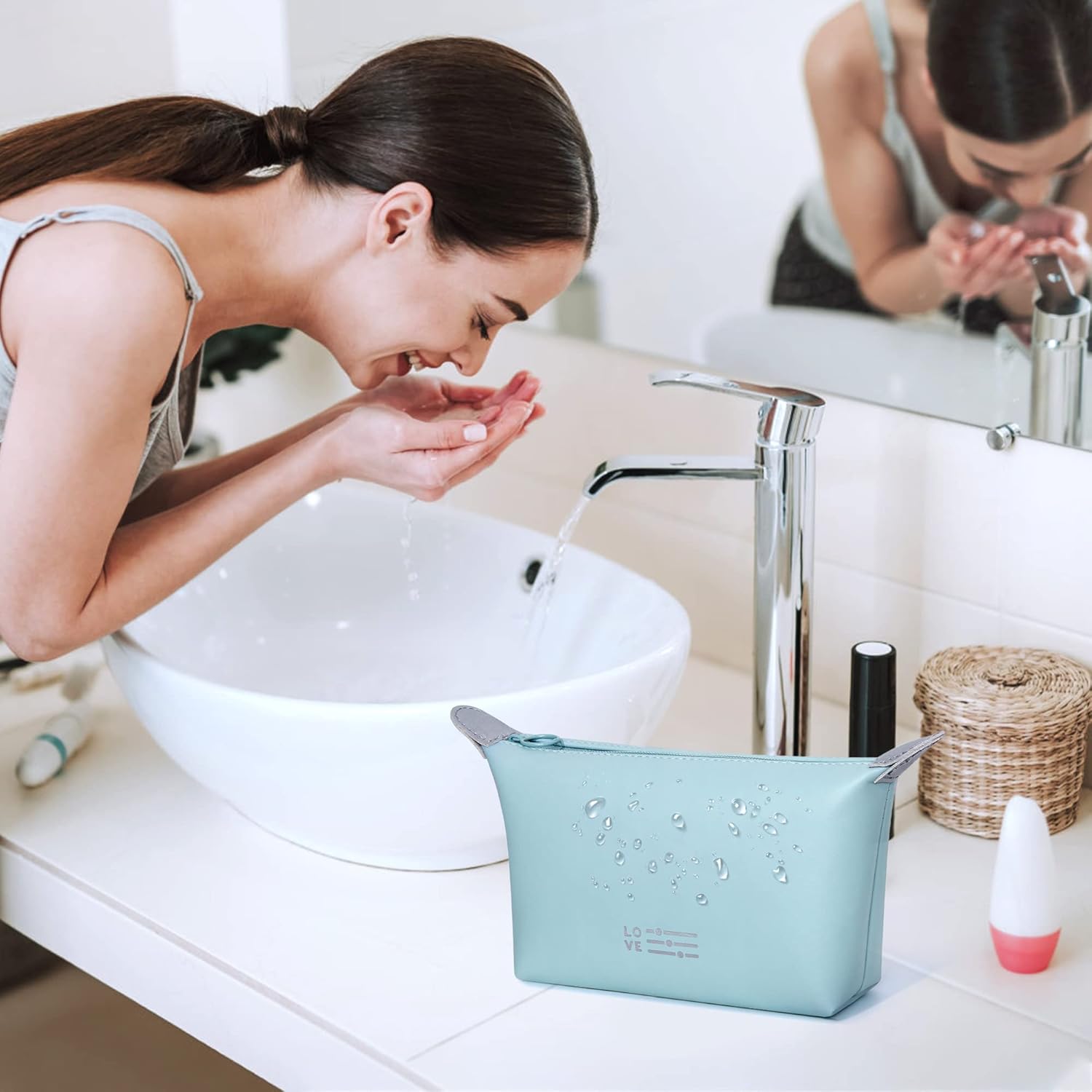 SELLYFELLY Pequeña bolsa de maquillaje para mujer, bolsa de maquillaje impermeable con cremallera, bolsa organizadora de maquillaje portátil, Azul,