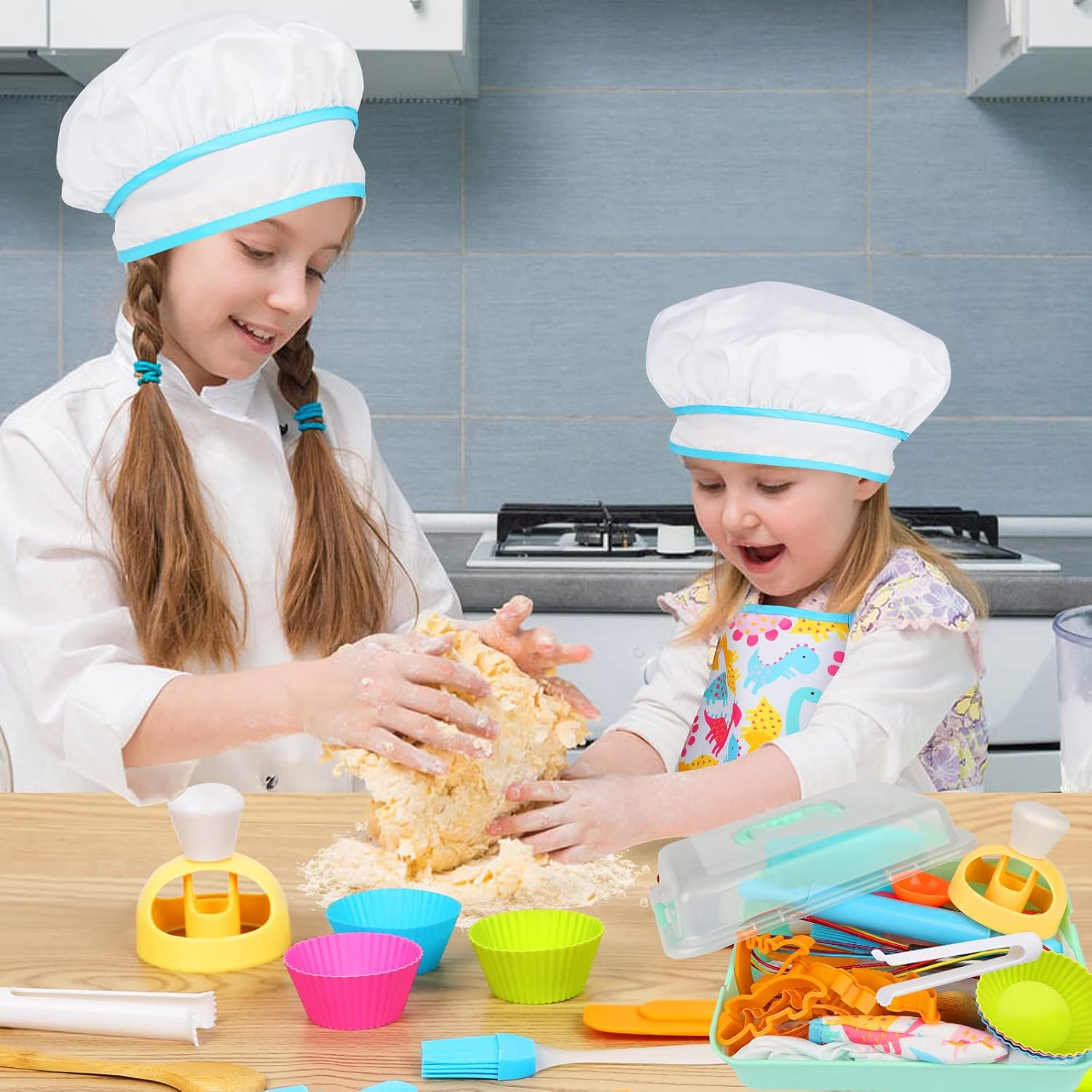 Juego de cocina y horneado para niños, 28 piezas, incluye sombrero de chef para niños y delantal de dinosaurio, guante de horno y utensilios de