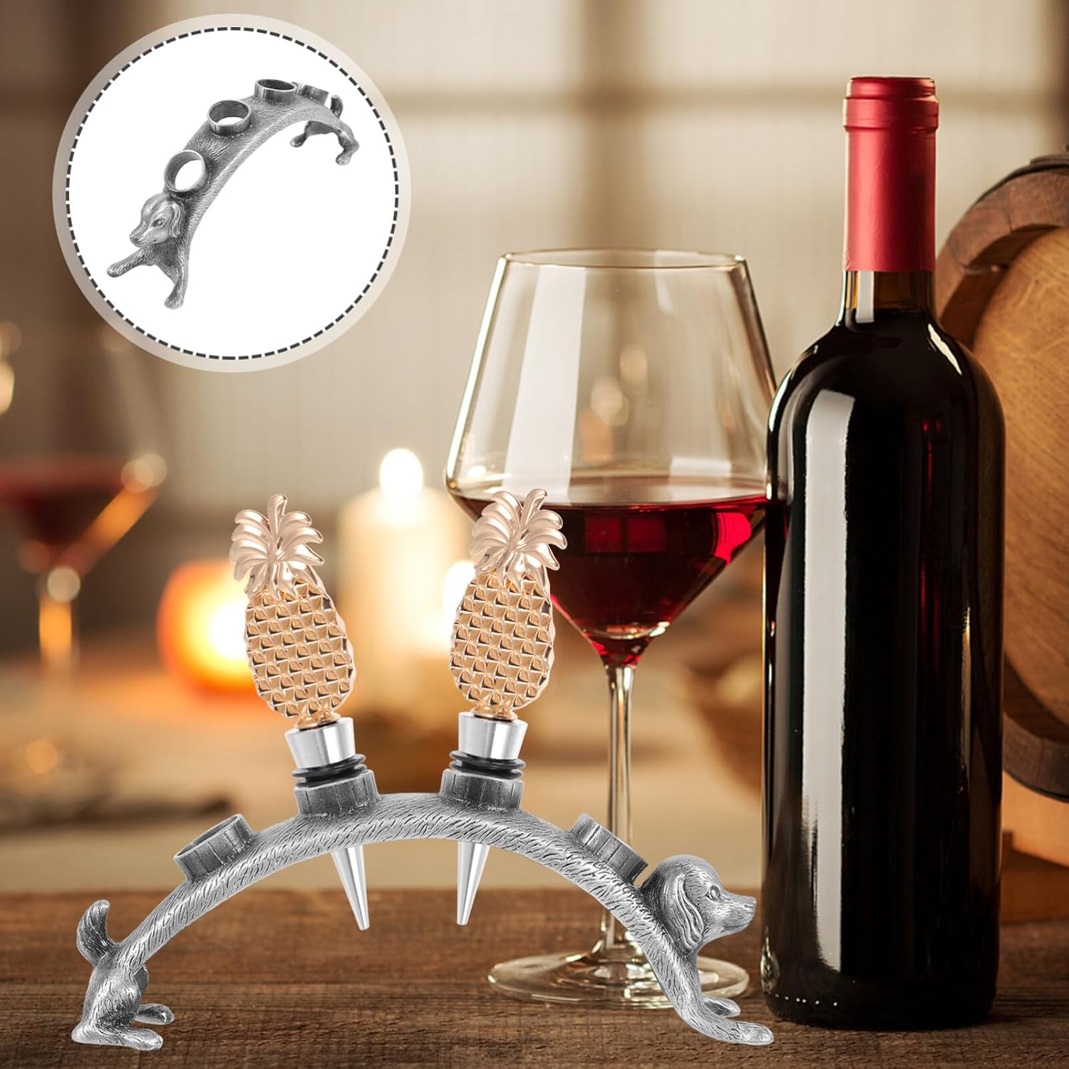 Gadpiparty Soporte de exhibición de mesa Diseño de perro Tapones de vino de 4 agujeros Soporte de tapón de botella Ramo de aleación de botella de