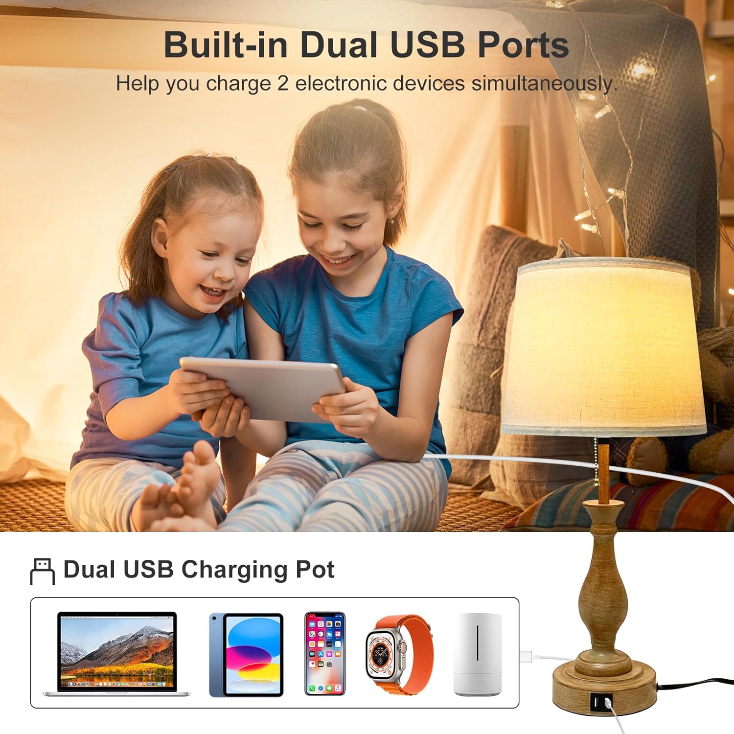 Lámpara de mesa de granja regulable de 3 vías, moderna lámpara de mesita de noche con 2 puertos USB, lámpara de mesita de noche con pantalla de tela