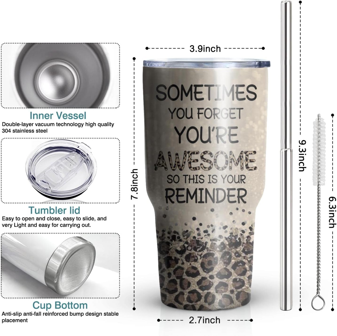 Hapyfam Vaso de leopardo de regalo para mujer, taza de café de acero inoxidable con tapapajita, 20 onzas, 30 onzas