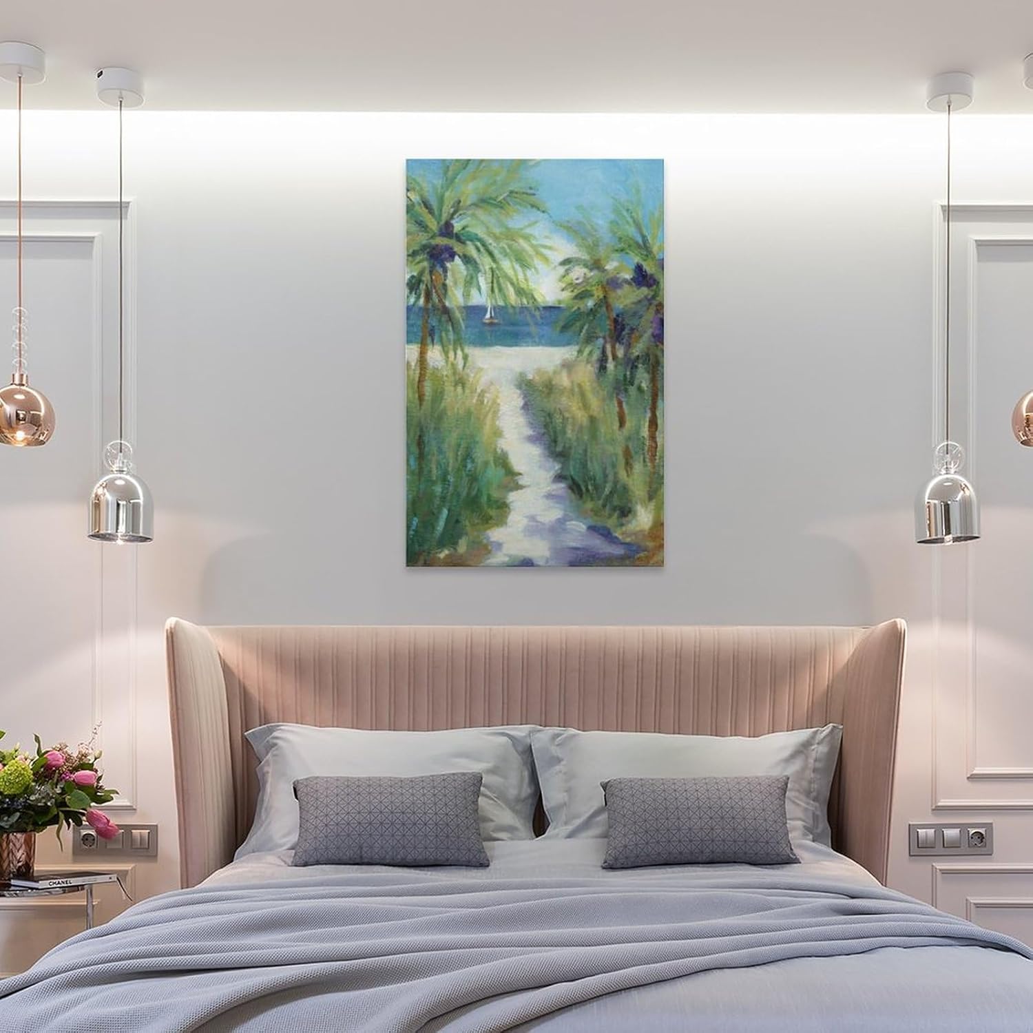 Póster de paisaje de camino a la playa con palmeras, decoración de baño, decoración de bar, pósteres de pared, lienzo, impresiones artísticas para