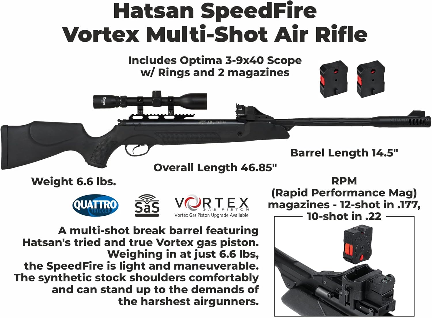 Hatsan SpeedFire (Magnum 1250) – Rifle de aire, color negro con paquete de objetivos de papel Wearable4U y pellets incluidos