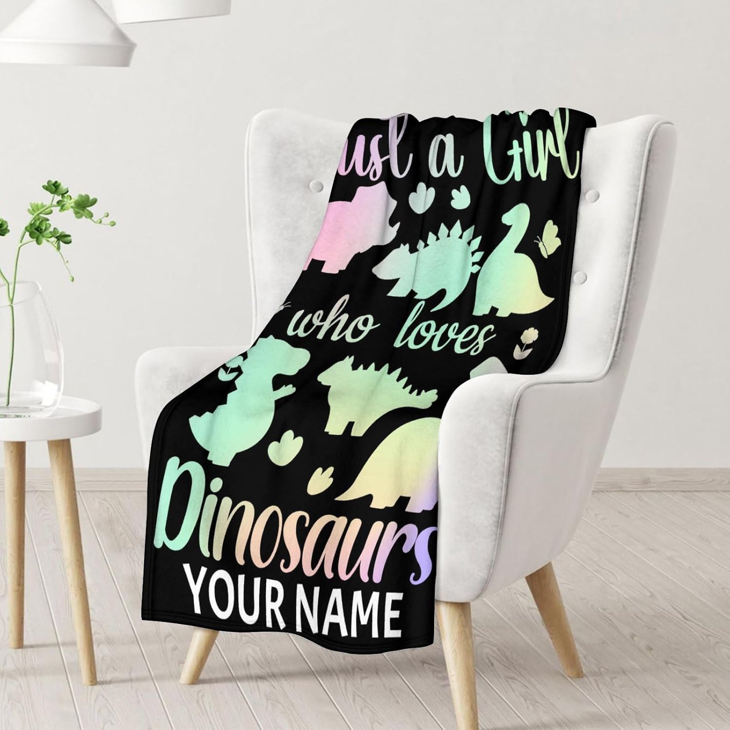 Manta de dinosaurio personalizada con nombre, 30 x 40 pulgadas, bonita manta para adultos y niños, mantas de felpa suave arcoíris para sofá y viajes
