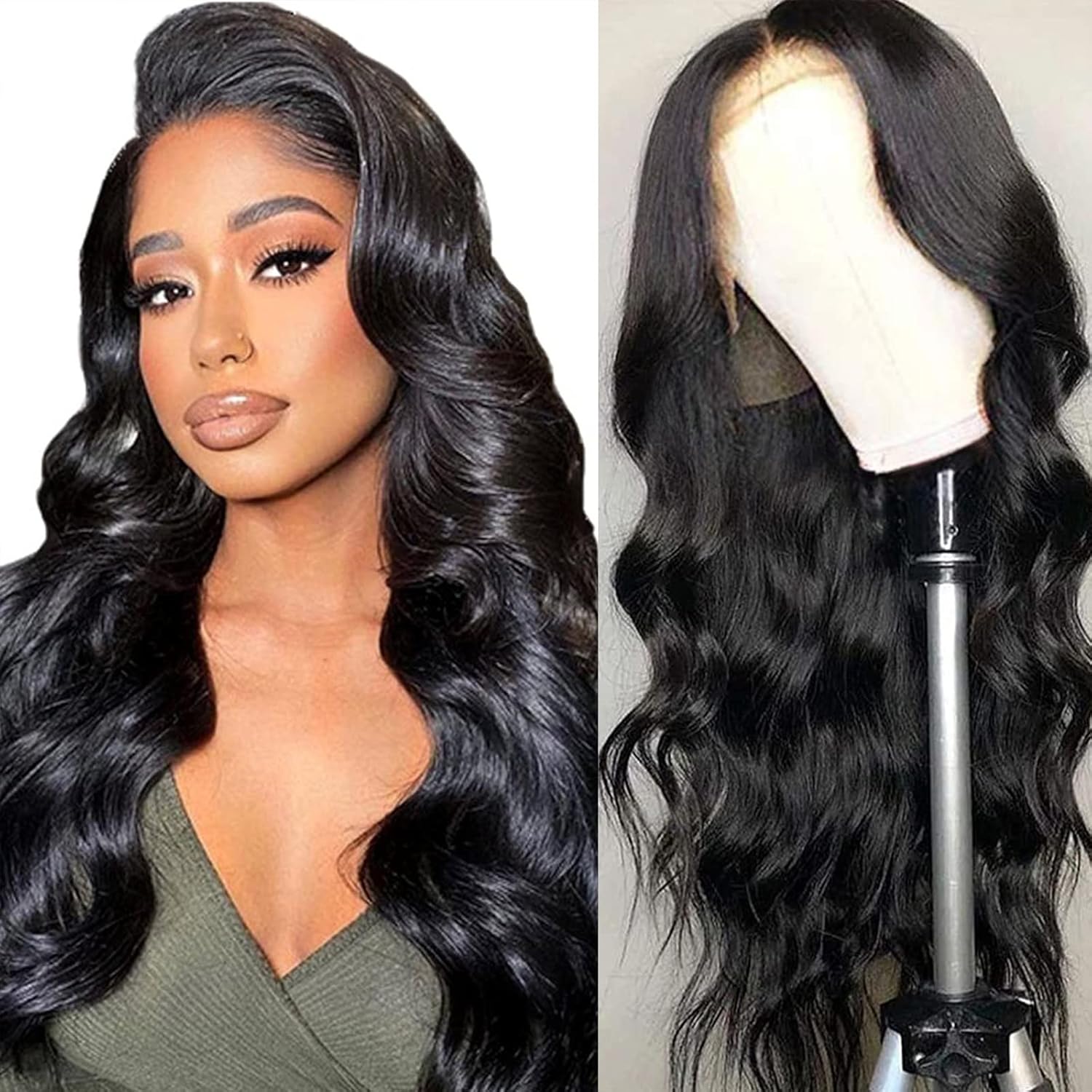 Aicrelery Peluca de encaje frontal ondulado negro natural de 13 x 4, cabello virgen brasileño 100% sin procesar, prearrancado con abuelitos,