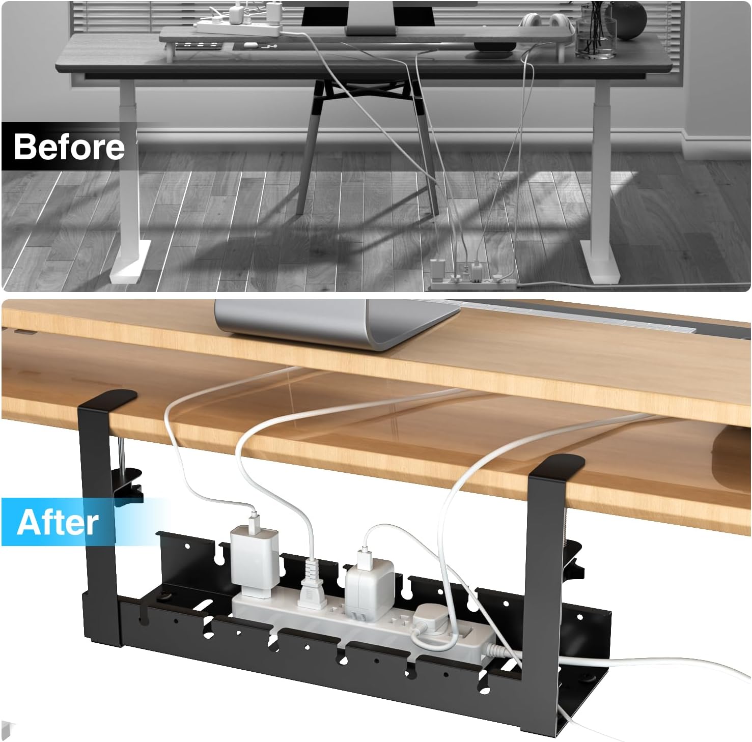Gestión de cables extensible para debajo del escritorio, bandeja de gestión de cables de metal (paquete de 1)
