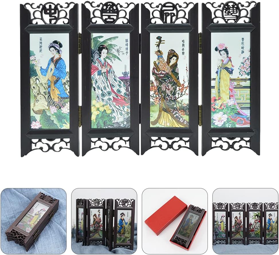 ABOOFAN Mini 4 paneles de arte chino tradicional divisor para decoración del hogar lacquerware decorativo pantalla para el hogar divisor de