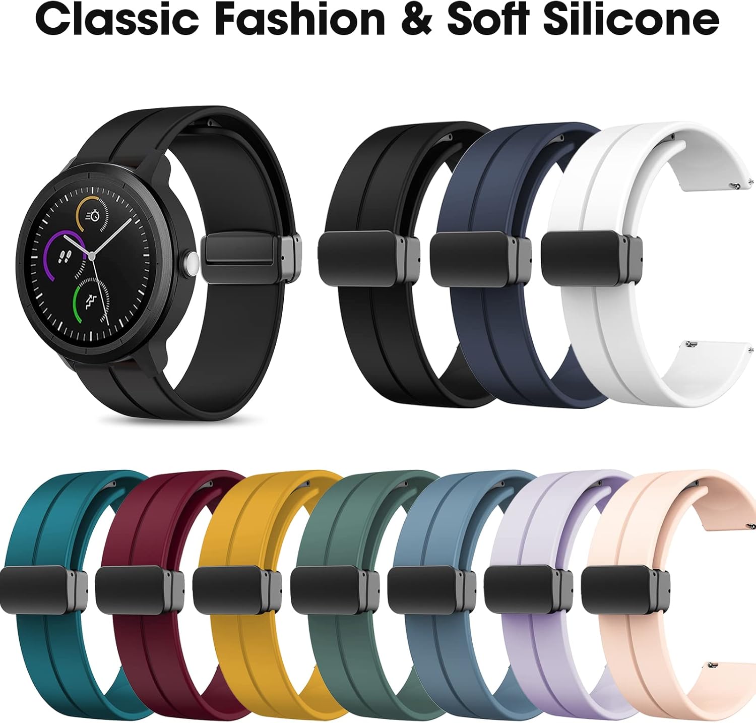 MAKCPOIMER Correas de silicona universales de 0.748 in, 0.787 in y 0.866 in, correas de reloj deportivo de liberación rápida con hebilla plegable