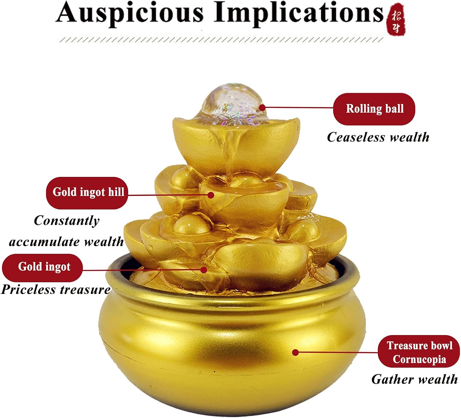 Feng Shui – Fuente de agua de mesa de lingote dorado para interiores, pequeña con luces, cascada para interiores, con bola de cristal rodante y