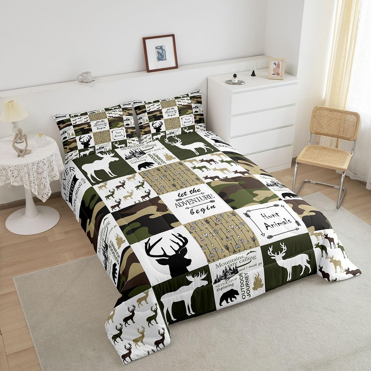 Castle Fairy Juego de edredón de cuadrícula tamaño Queen para niños, adolescentes, niños, decoración del hogar, ropa de cama de camuflaje de ciervos