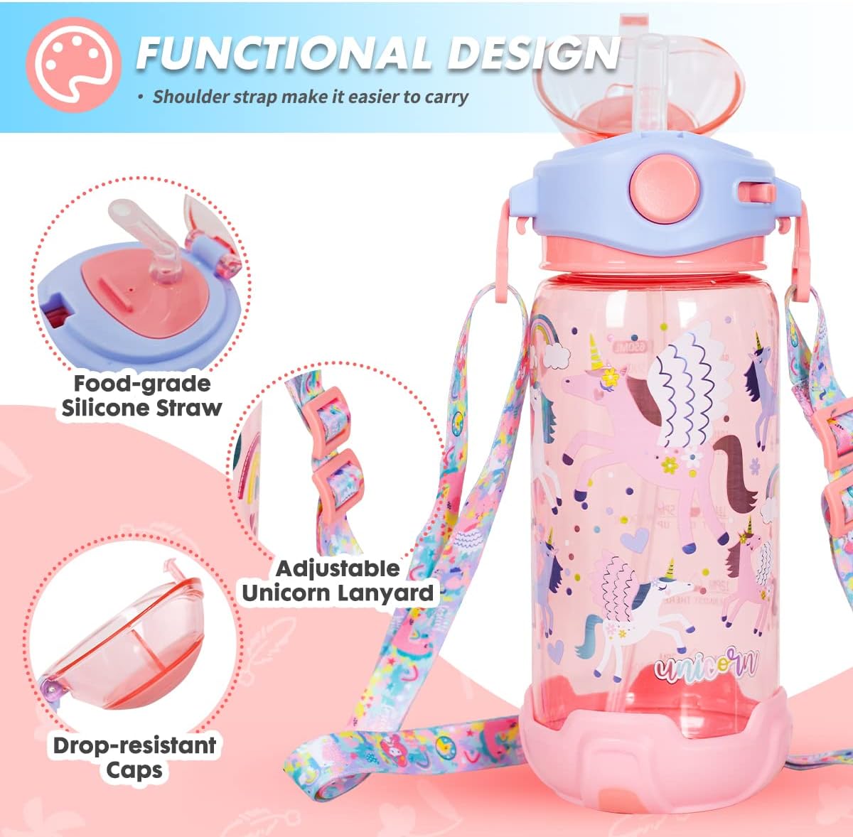 Botella de agua para niños con popote, para la escuela, niños y niñas, botella de agua potable de 22 onzas sin BPA, apertura de un solo clic, tapa