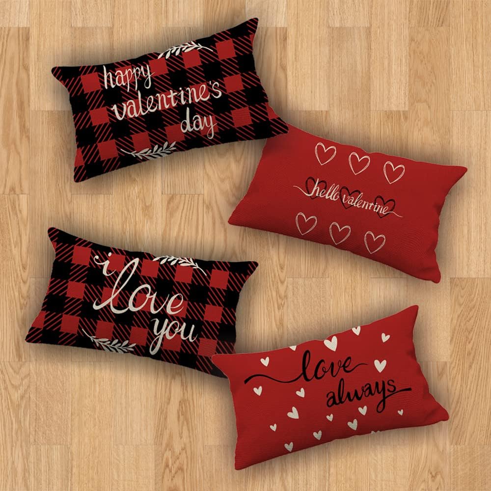 Juego de 4 fundas de almohada para el Día de San Valentín de 12 x 20 pulgadas, fundas de almohada con diseño de corazón rojo y amor para el hogar,