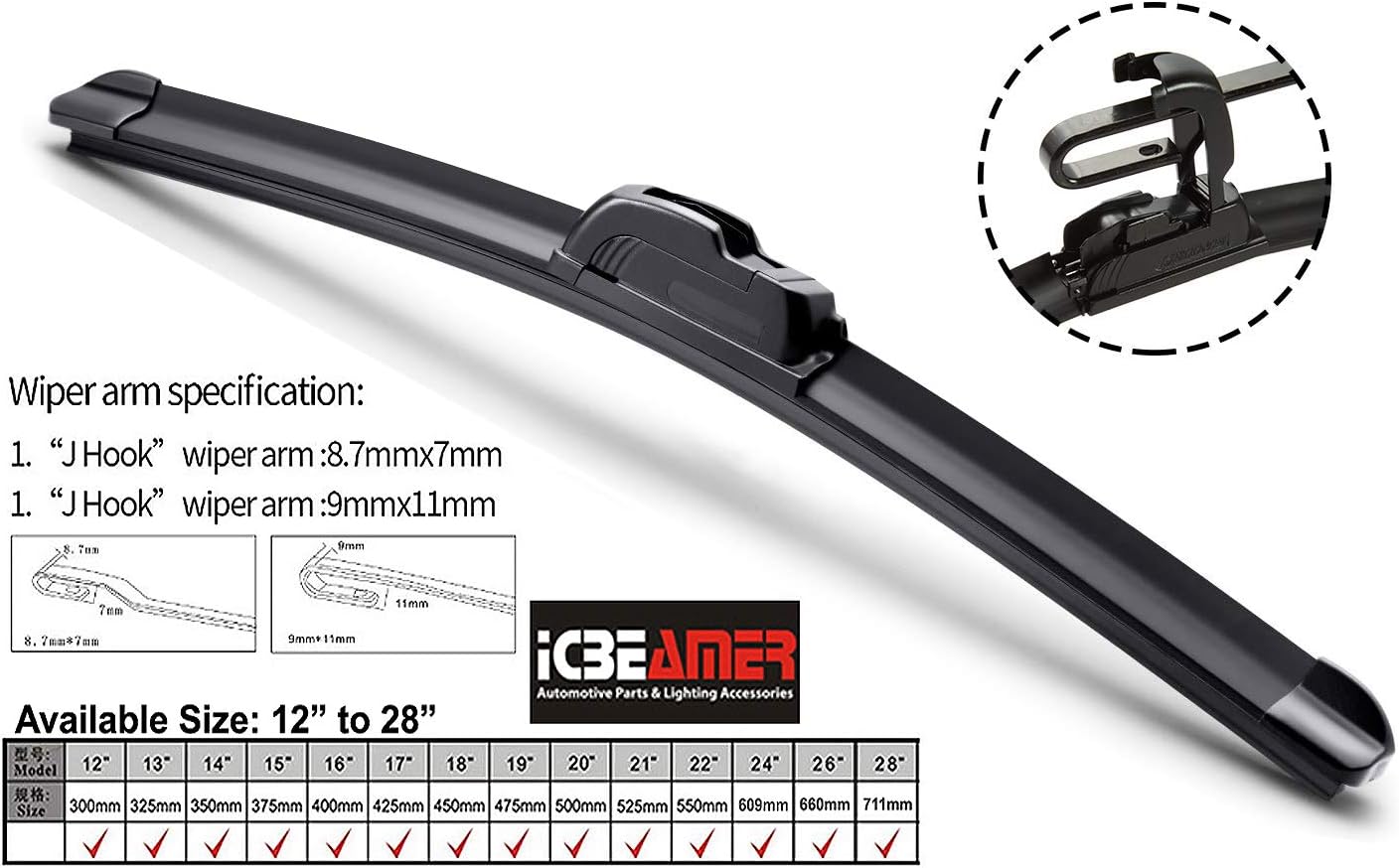 ICBEAMER Limpiaparabrisas trasero en U o J de calidad de fabricante original de 15 pulgadas (15.000 in) para repuesto de equipo original