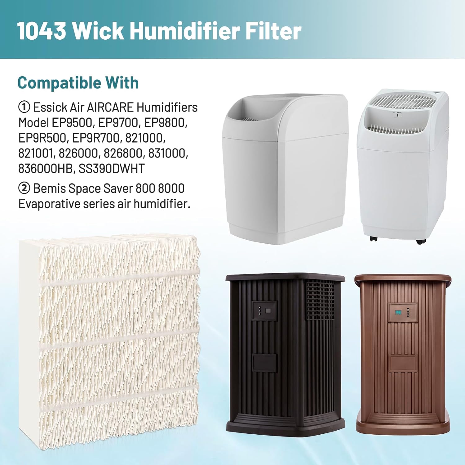 1043 Filtros de mecha para humidificador de repuesto, 2 unidades compatibles con humidificadores evaporativos AirCare Essick Bemis  Reemplazo para