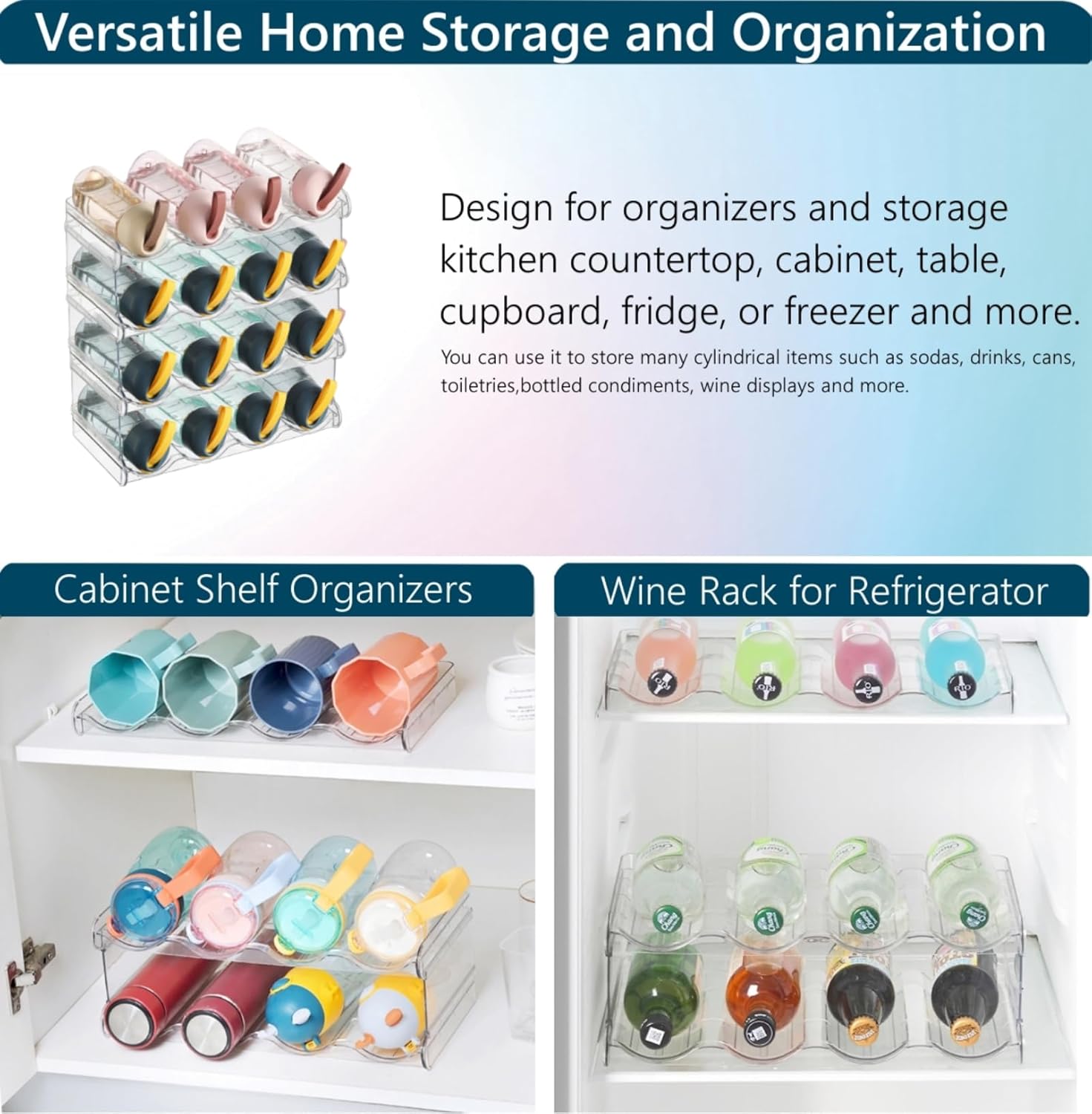Zdesign Organizador de botellas de agua, soporte apilable de plástico para botellas de agua para gabinete, paquete de 4, despensa de cocina,