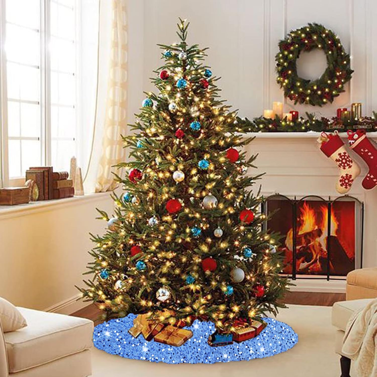 Falda de árbol de Navidad, color azul bebé, 36 pulgadas, falda de árbol de lentejuelas con purpurina, falda de árbol de terciopelo azul claro, falda
