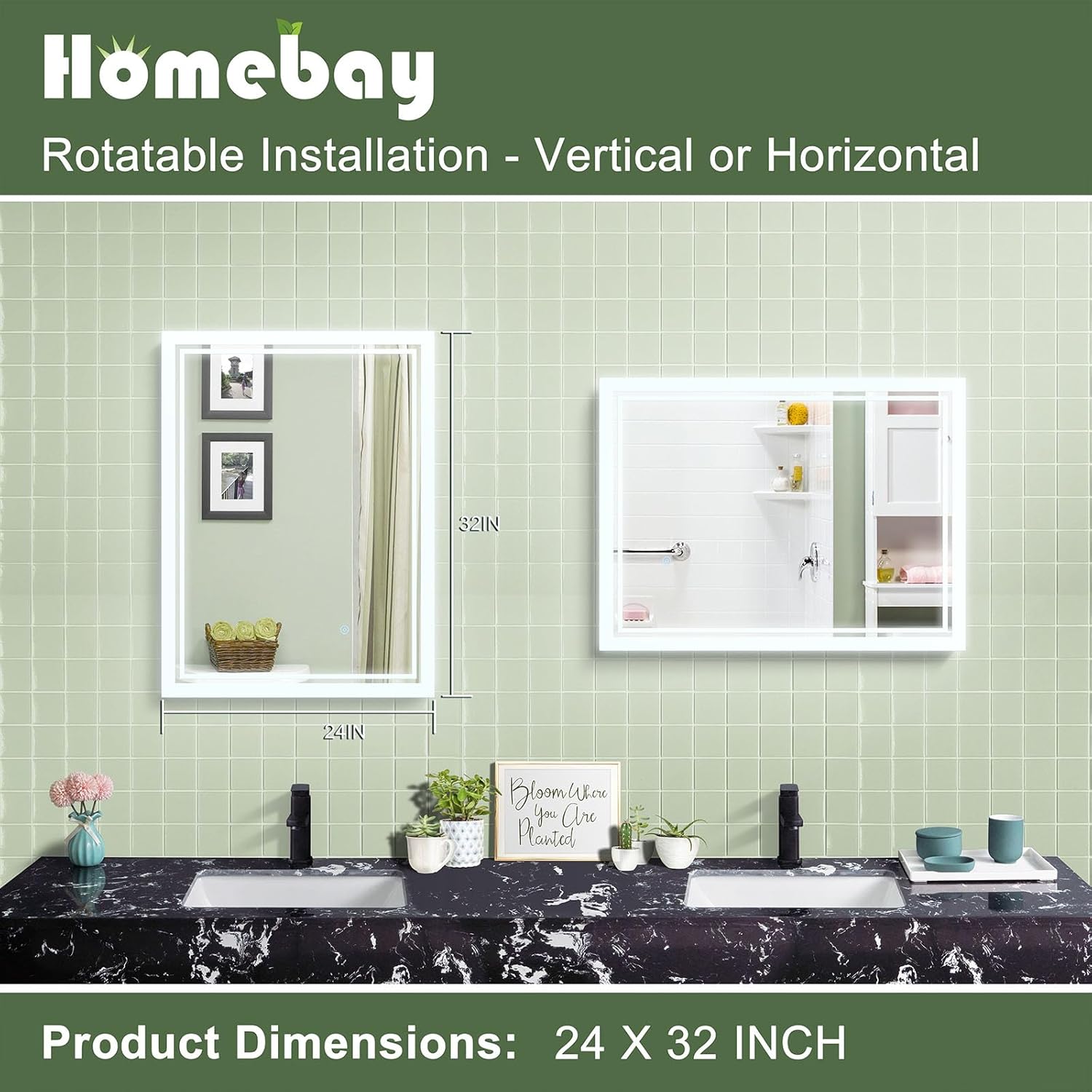 Homebay Espejo de baño de 24 x 32 pulgadas con luz, espejo de baño regulable continuo, espejo de pared con luces delanteras y retroiluminación,