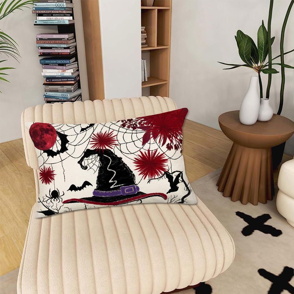 Fundas de almohada con sombrero de bruja de Halloween de 12 x 20 pulgadas, diseño floral rojo y negro, tela de araña, decoración de Halloween,
