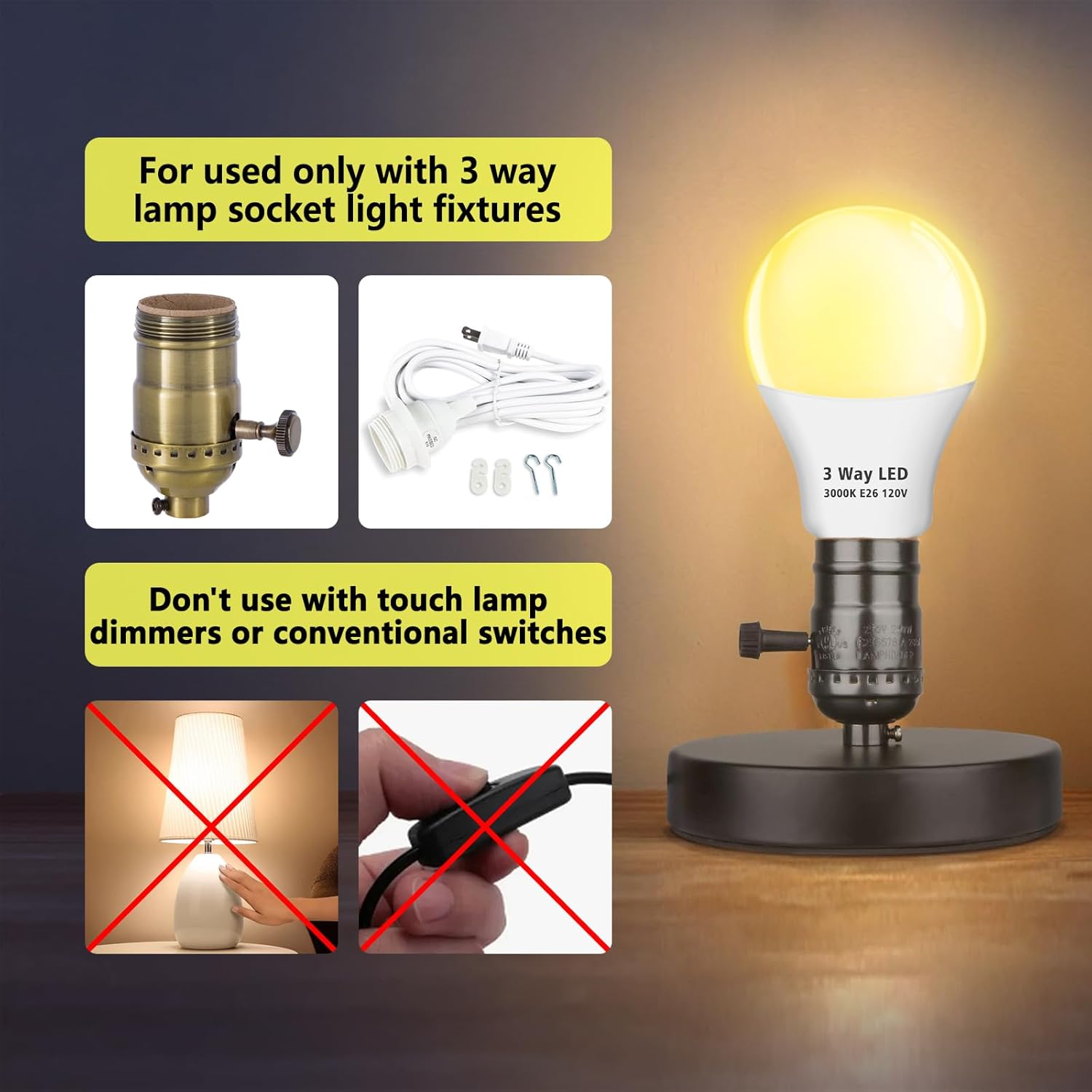 Wiyifada Paquete de 2 bombillas LED de 3 vías, equivalente a 30, 70, 100 W, color blanco suave de 3000 K, base E26, bombillas de 3 vías para lectura