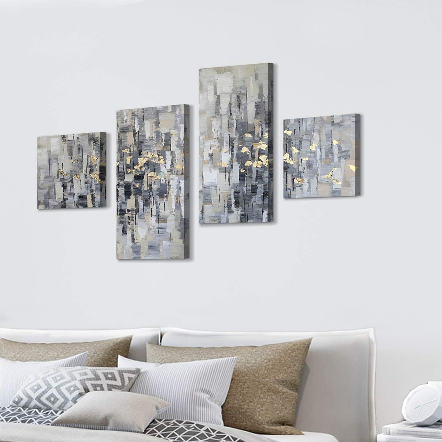 ARTISTIC PATH Lienzo abstracto para la pared obra de arte gris, pintura dorada para sala de estar, oficina (total 64 pulgadas de ancho x 39 pulgadas