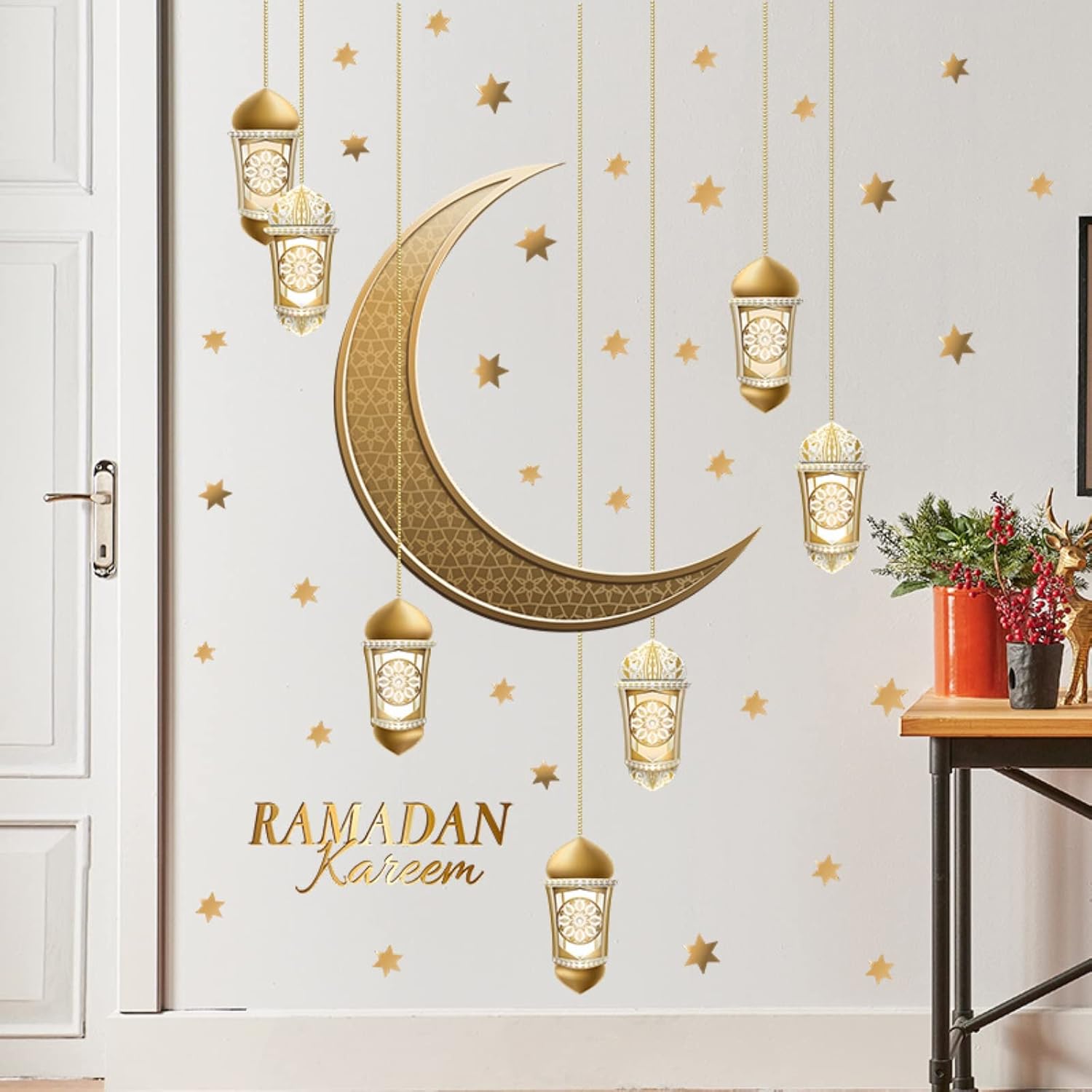 Calcomanías de decoración de pared de Ramadán, calcomanías islámicas musulmanas para colgar Eid Mubarak Ramadán, farol de Ramadán, luna y estrella,