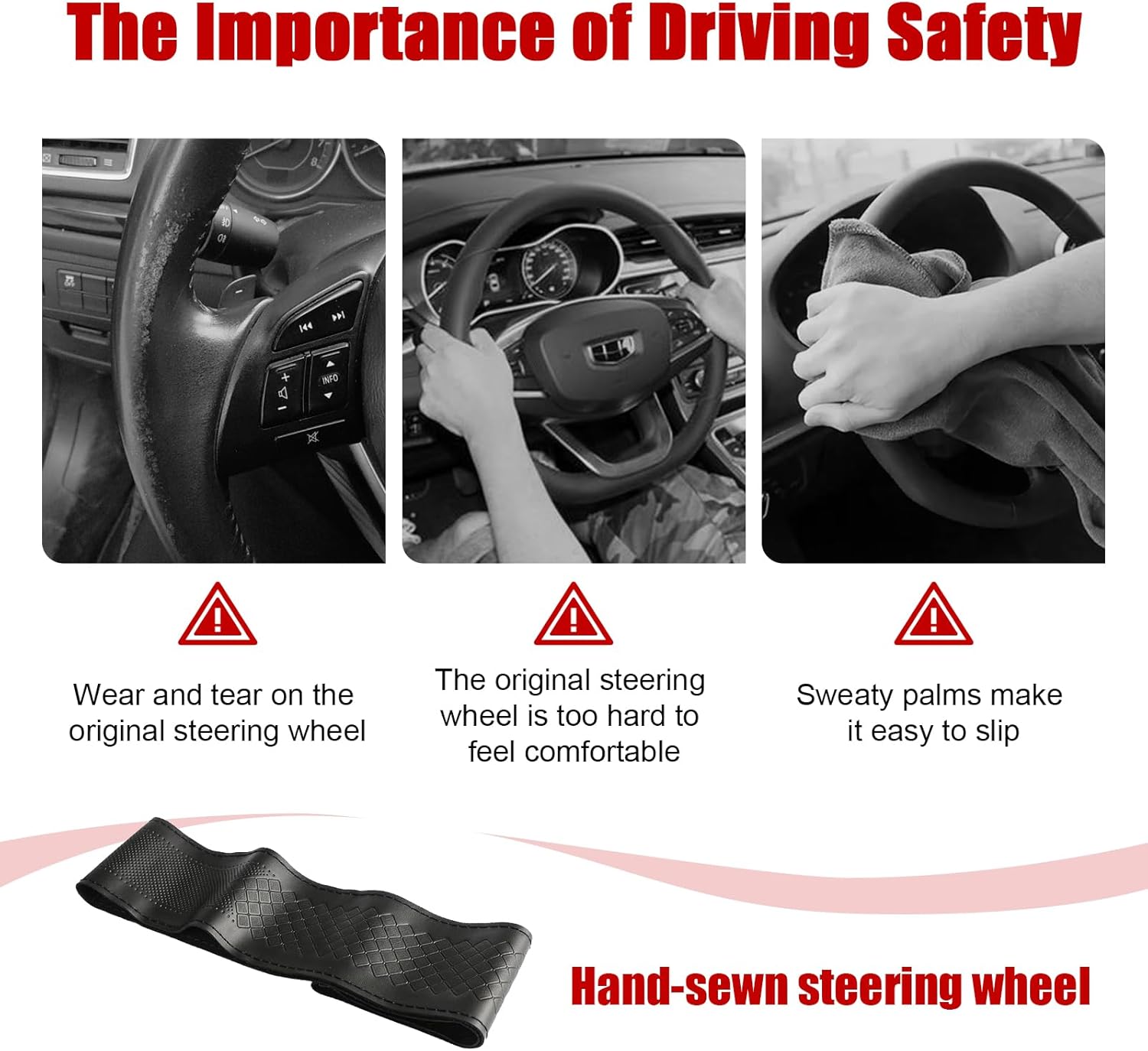 Funda de cuero para volante, protector transpirable antideslizante para volante de automóvil de diámetro máximo de 15 pulgadas, costura DIY con hilo