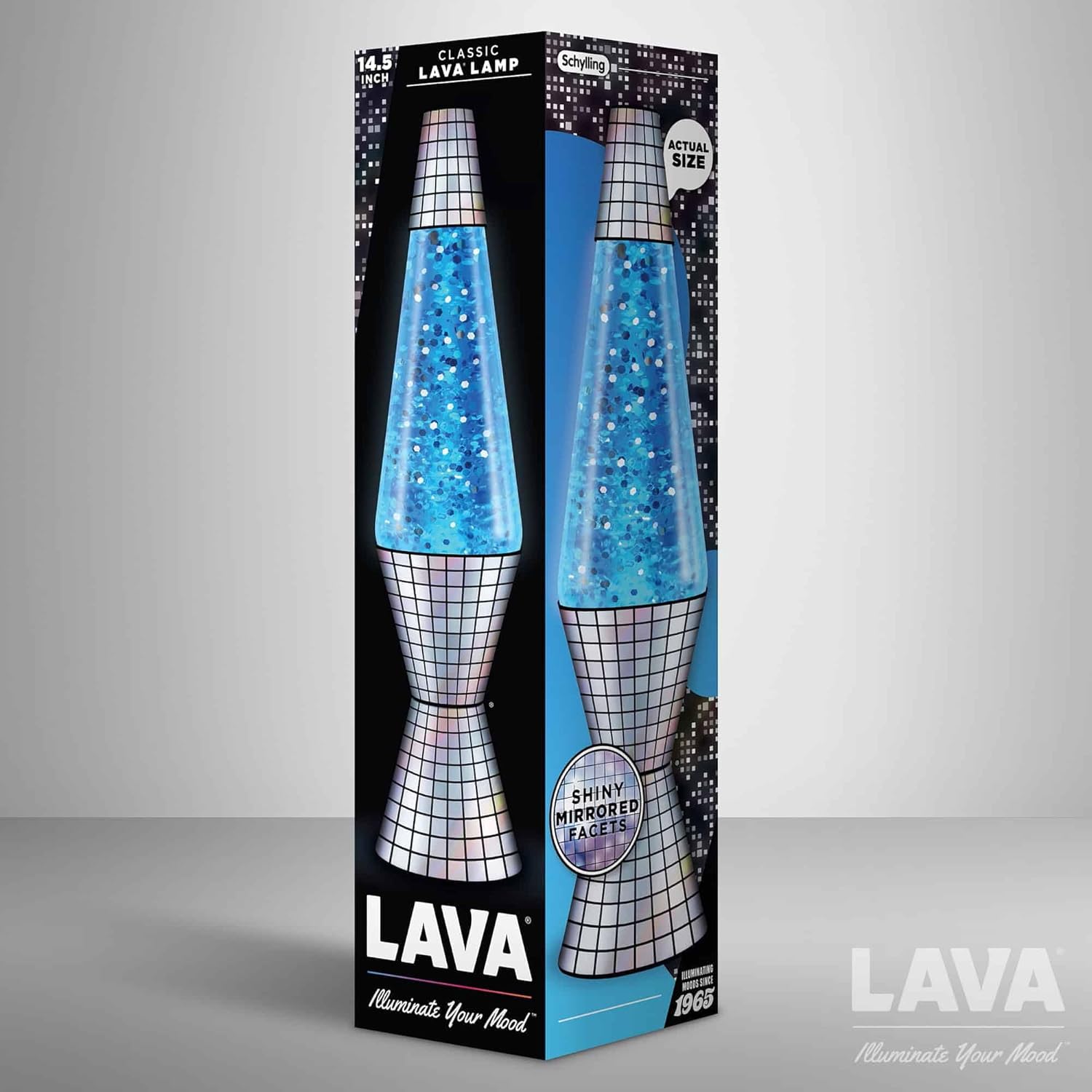 Lava Lámpara  Base Reflectante de Fiebre Disco de 14.5”  La Luz de Movimiento Original  Brillo Plateado y Líquido Azul  Artículo 2016