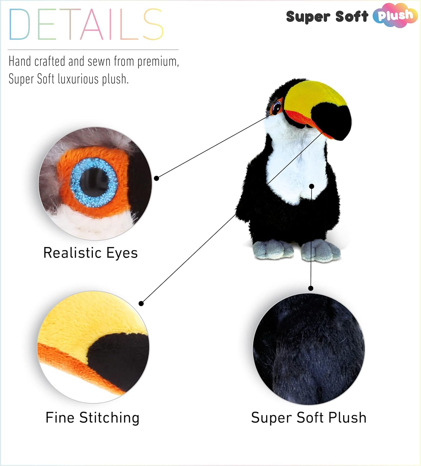 DolliBu – Peluche de tucán  Tucán tropical abrazable de piel suave, adorable juguete de peluche de tucán para jugar, lindo regalo de pájaro de la