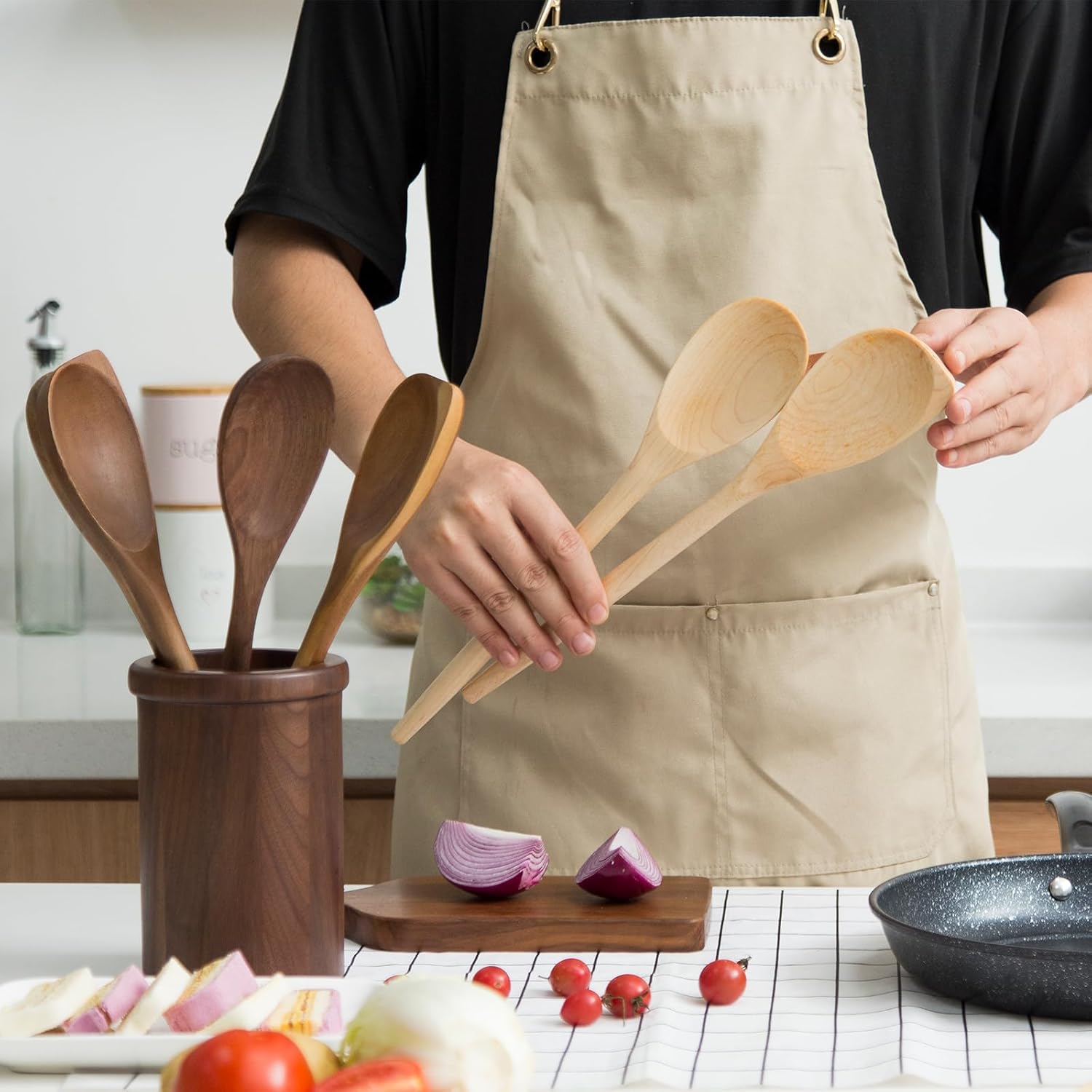 LOCDION Cucharas de madera de primera calidad para cocinar, utensilios de cocina de madera de arce para servir, agitar, mezclar, voltear, cucharas