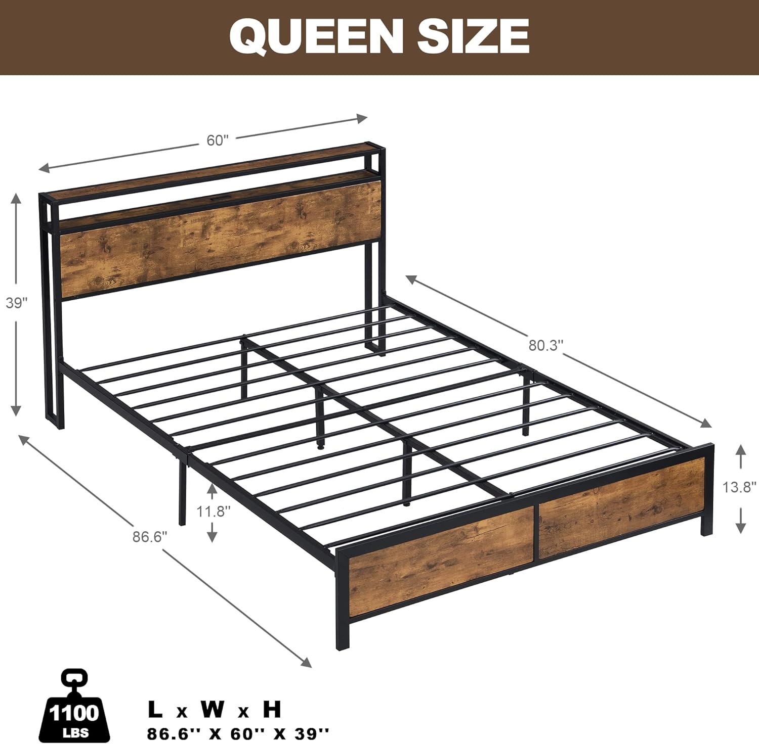 Base de cama Queen con luces LED y 2 puertos USB, base de cama de metal industrial tamaño Queen con cabecera de madera de almacenamiento de 2