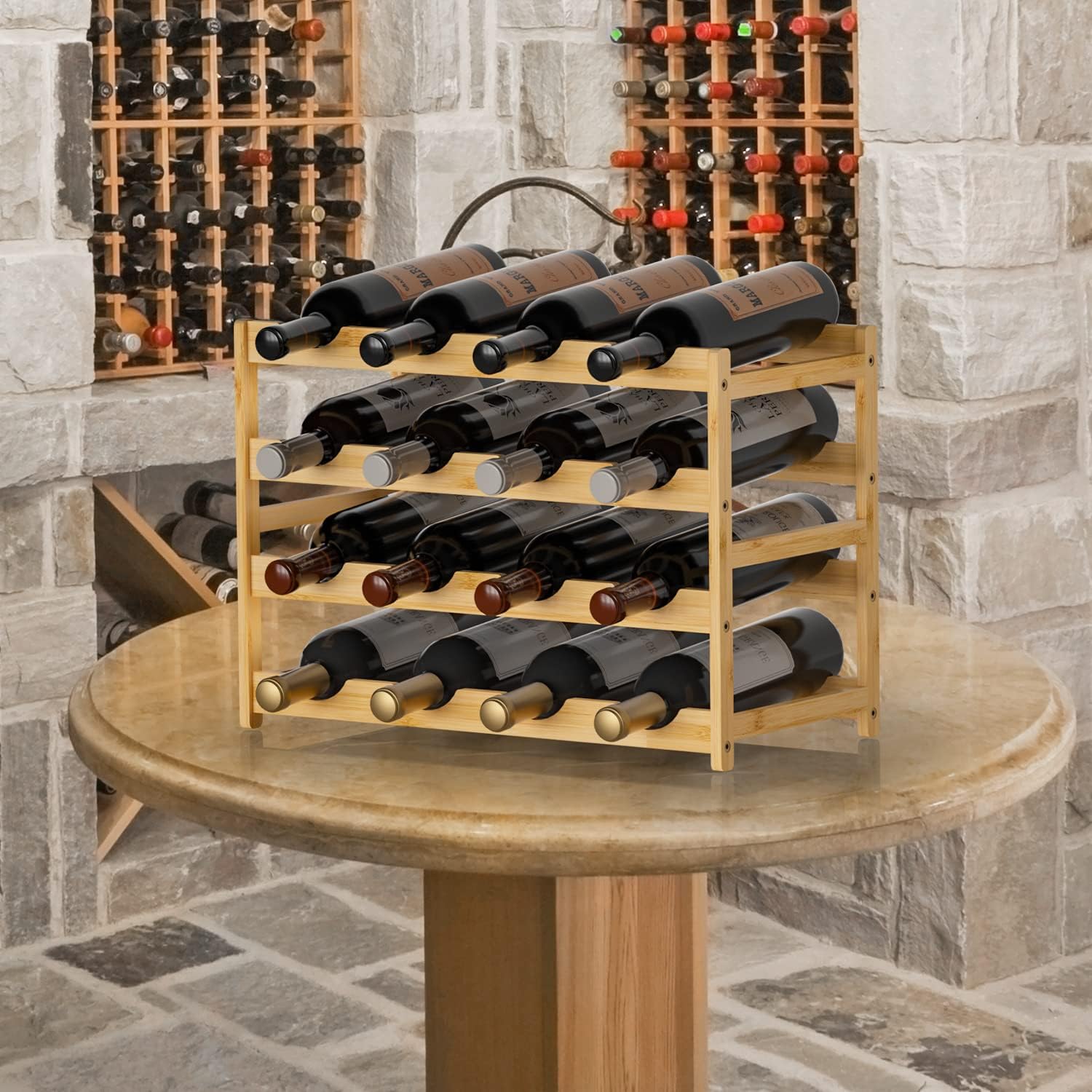 Ruichang Estante de vino resistente para encimera de vino, soporte de bambú para botellas de vino, estantes de almacenamiento de vino, soportes para