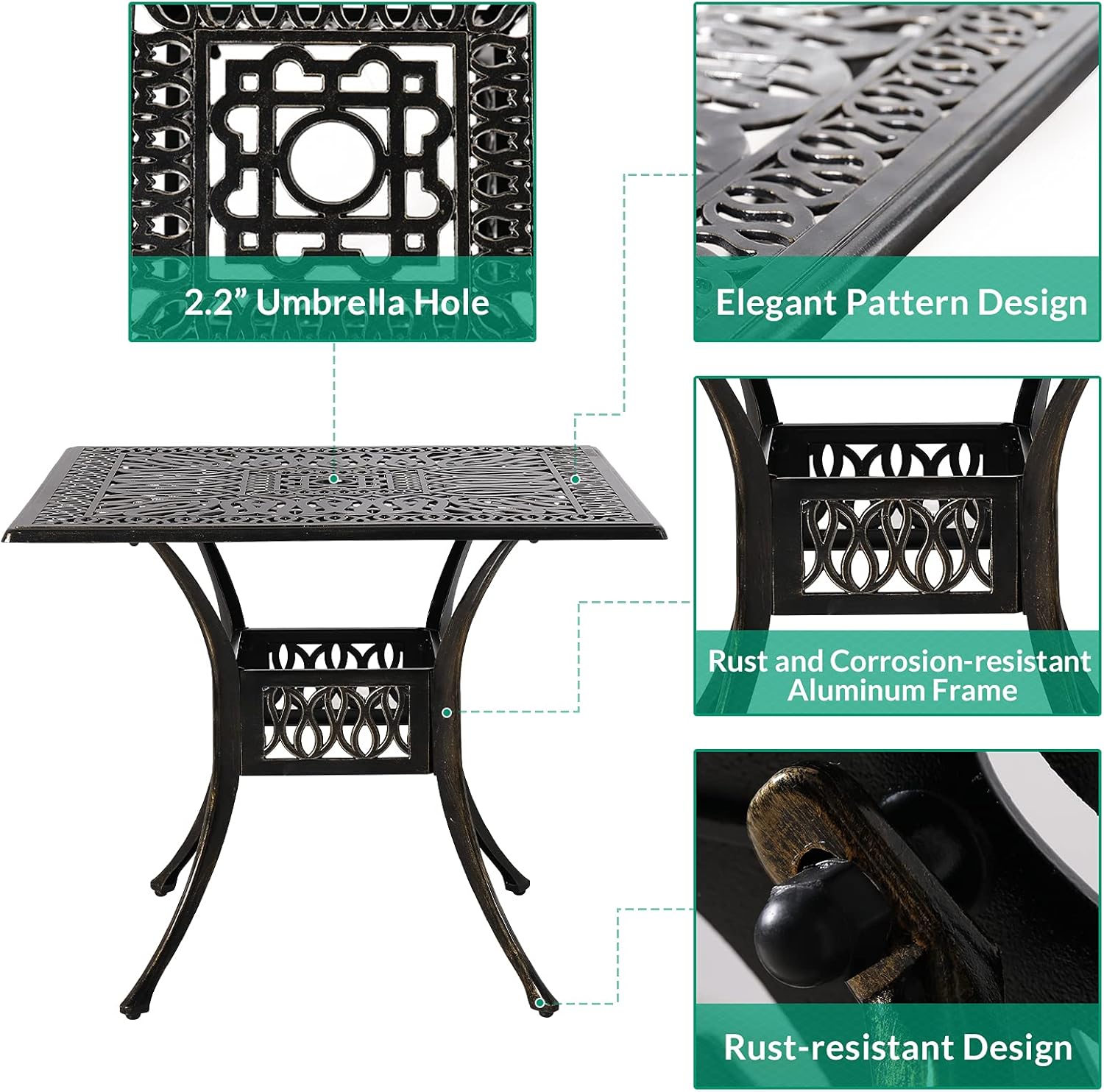 VIVIJASON – Mesa cuadrada de comedor para exteriores (aluminio fundido, tamaño grande, con agujero para paraguas)
