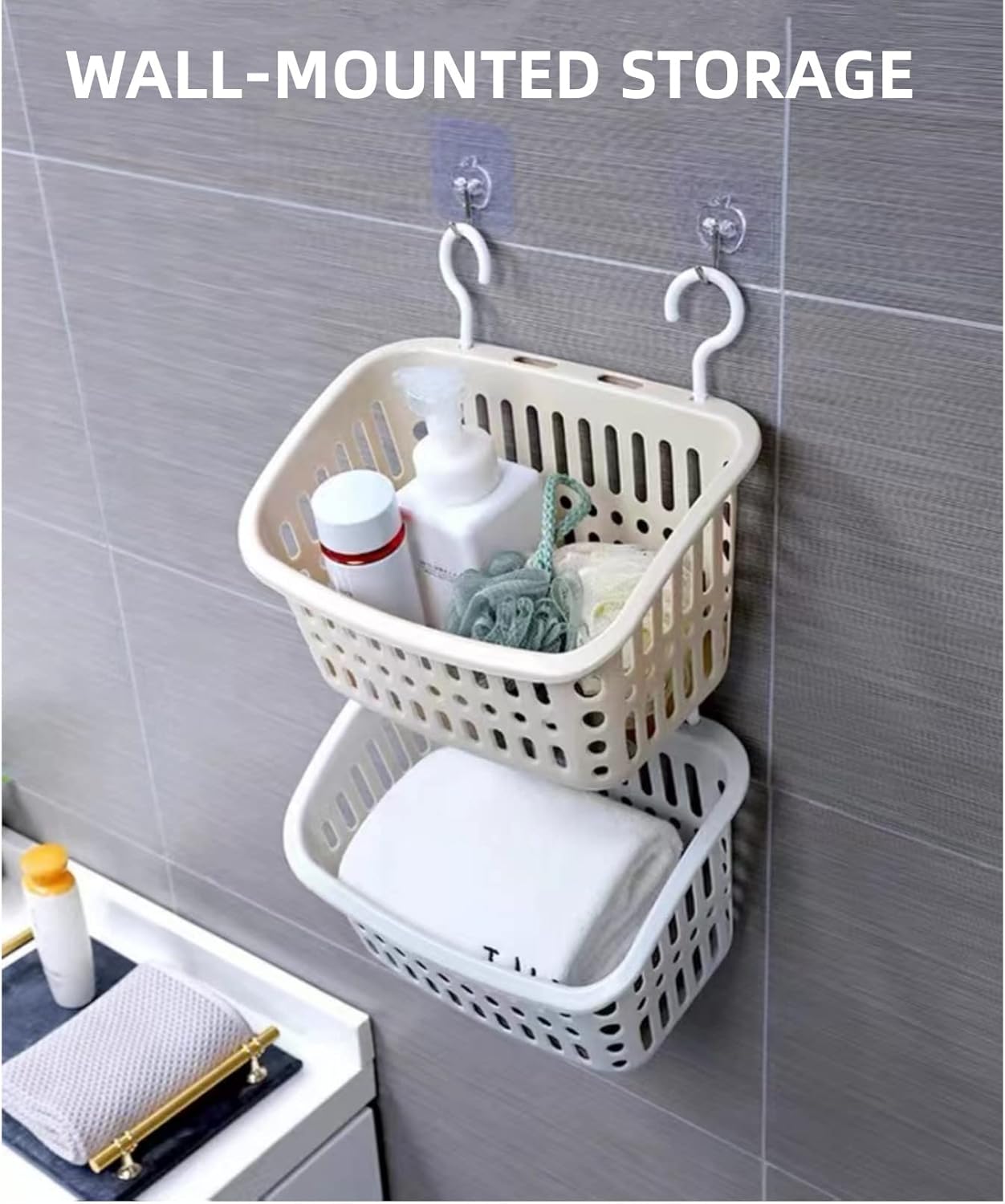 Jecvxor Cesta de almacenamiento de plástico colgante para baño, cocina, 10.8 x 8.07 x 6.7 pulgadas (beige)