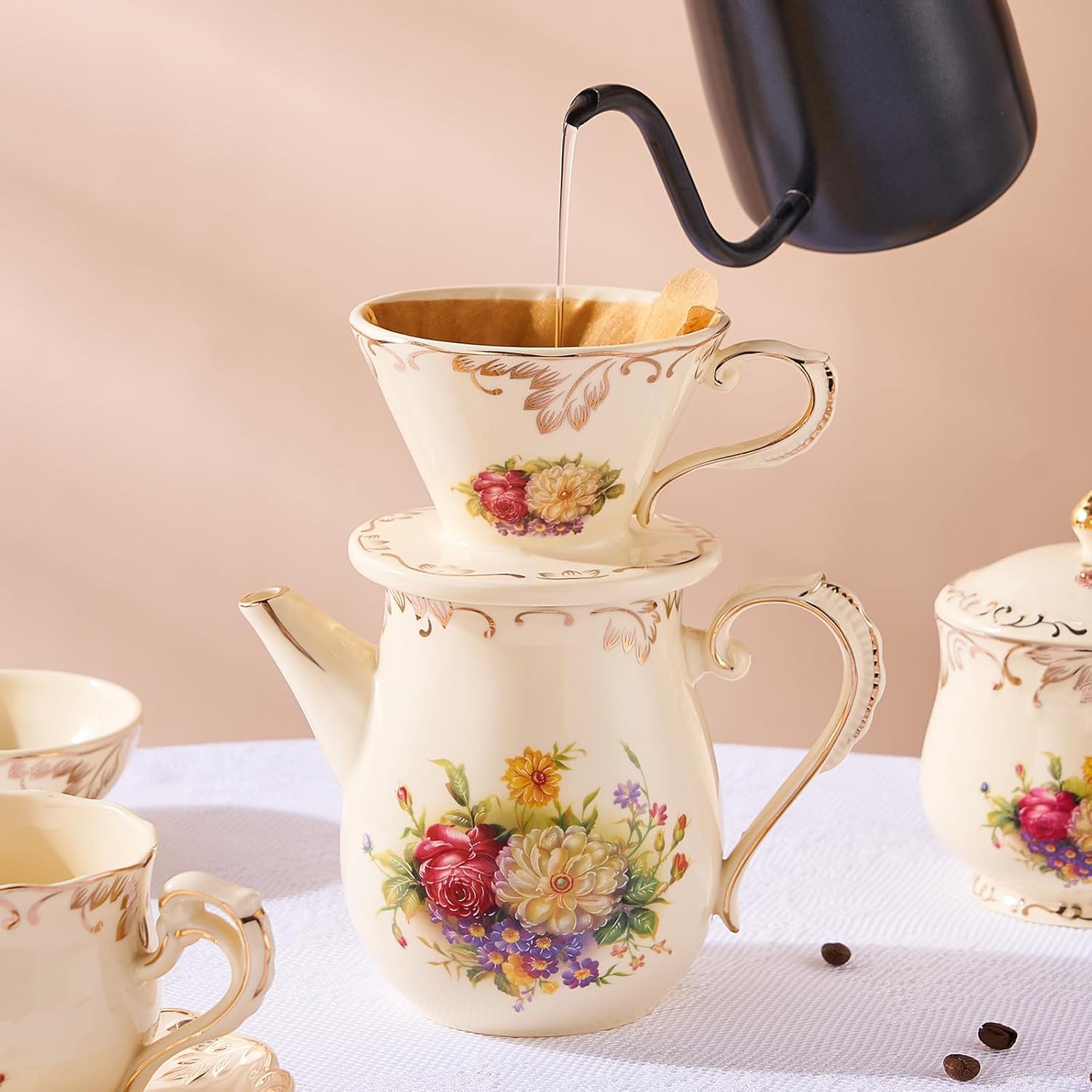 YOLIFE Floarl – Juego de gotero de café, cafetera de cerámica con diseño de cono, 1 taza, regalo para mujeres (arbustos florecientes)