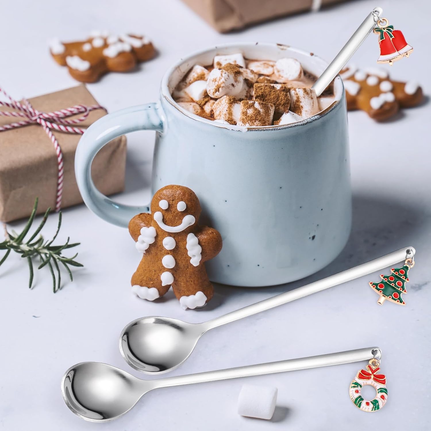 Cucharas de postre, cubiertos plateados de acero inoxidable de Navidad, 6 piezas con caja de regalo de Navidad, perfectos para fiestas de café y