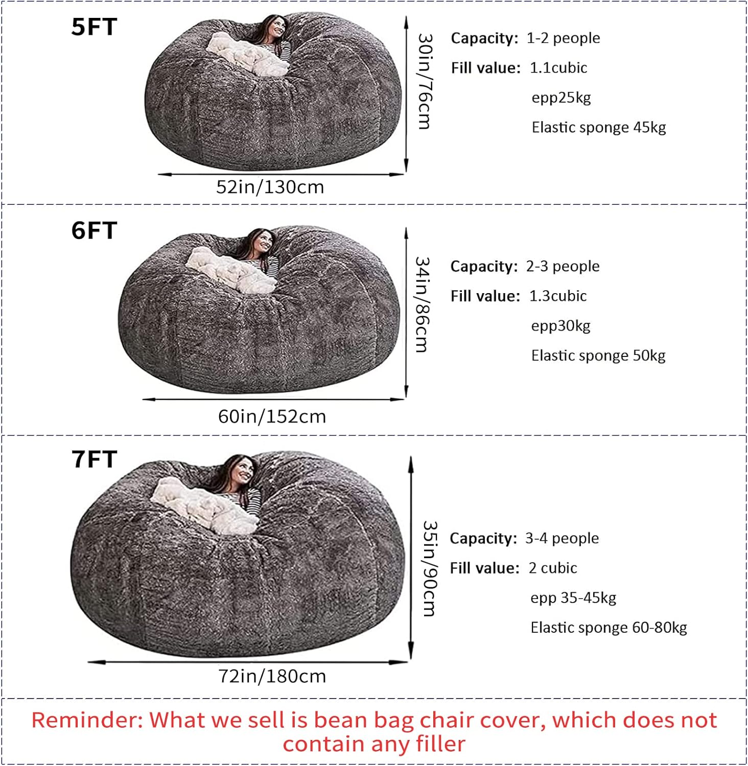 Funda para silla tipo puf de piel gigante para niños y adultos, (sin relleno), muebles de sala de estar, grande, redondo, suave, esponjoso, de piel