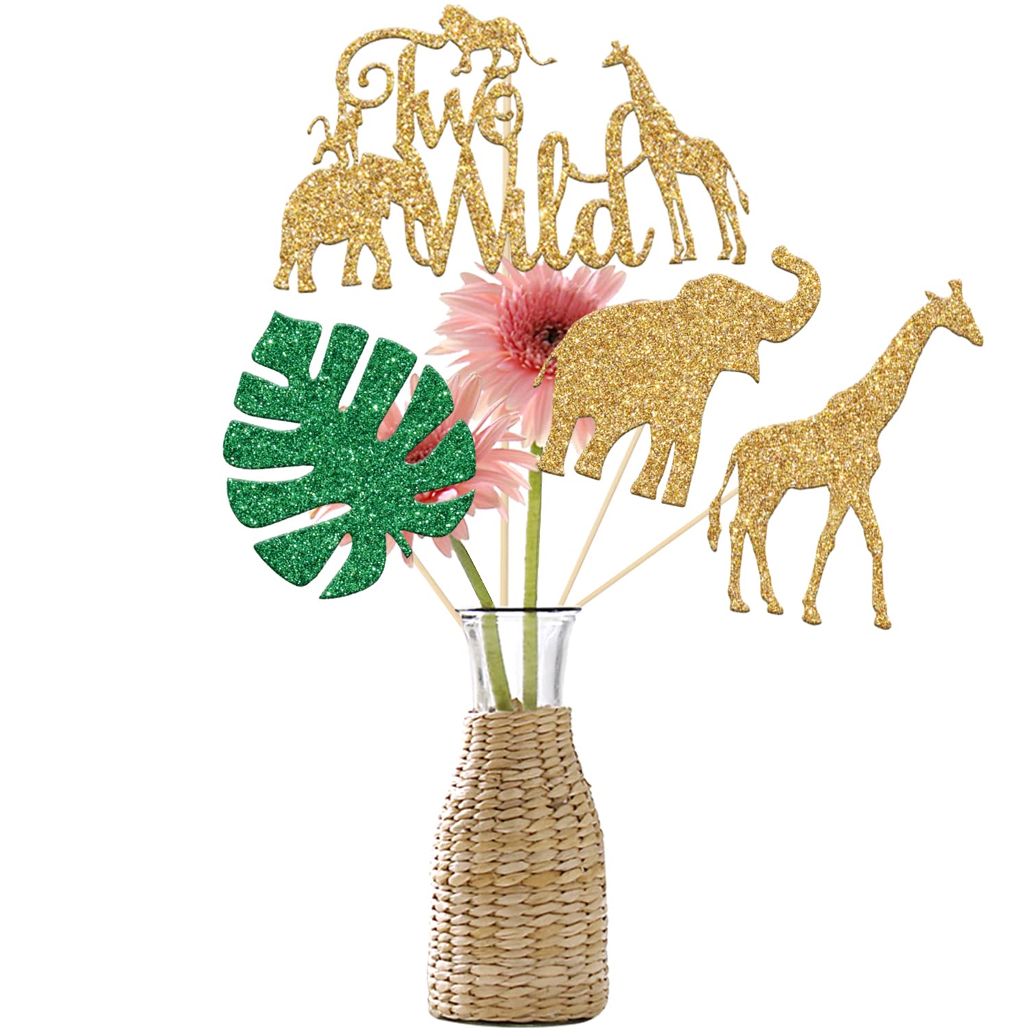 Wild Two Centerpiece Sticks,Happy 2nd Birthday Decoration,Jungle Safari Animal Zoo Themed Baby ShowerSecond Anniversary Party Table Toppers Supplies