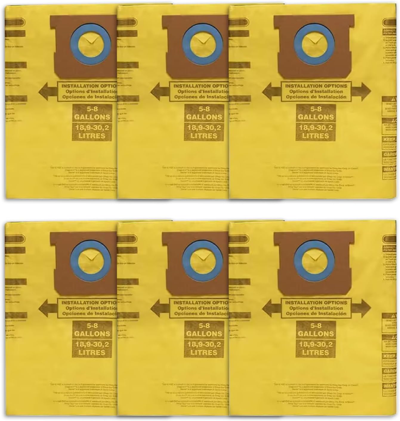 Vac 90661 9066100 Tipo E Bolsa de vacío en seco y húmedo para Shop Vac Bolsas de filtro desechables de 5 a 8 galones (amarillo-6 piezas)