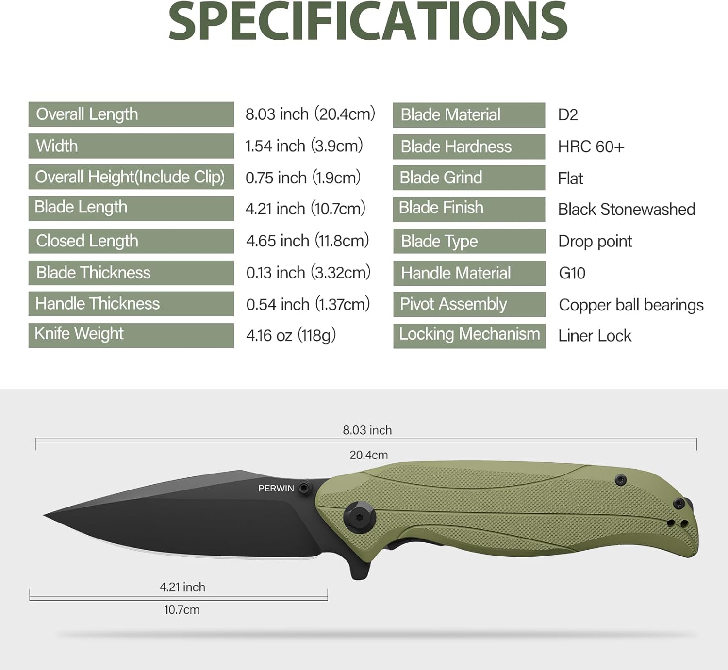PERWIN Cuchillo de bolsillo  Cuchillo plegable con clip de bolsillo, cuchillo EDC para hombres, hoja D2 G10, regalo para hombres, marido, niño,