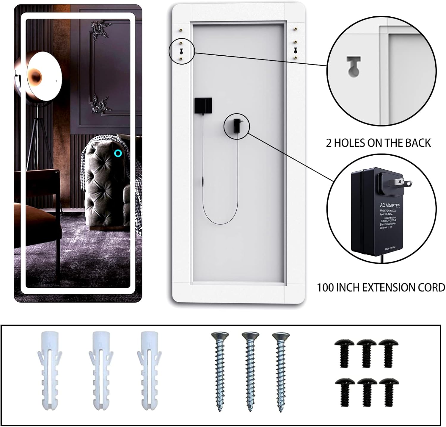 Biyatuos Espejo de pared con luz LED de 40 x 16 pulgadas, espejo de longitud completa con luces, espejo para colgar sobre la puerta, espejo para
