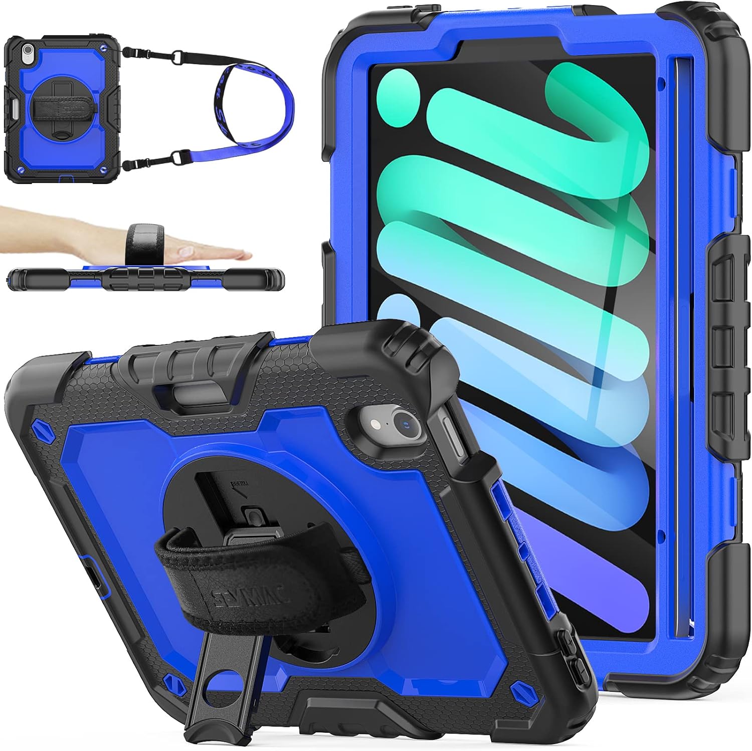 SEYMAC stock Funda para iPad Mini 6 de 8.3 pulgadas 2021 con protector de pantalla para lápiz correa de mano giratoria 360 y soporte, funda a prueba