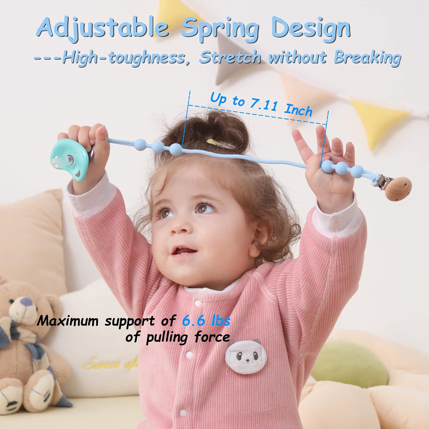 Seposeve Clip de silicona para chupete con resorte ajustable, paquete de 2 clips para chupete para bebés, niños y niñas, correas suaves y flexibles