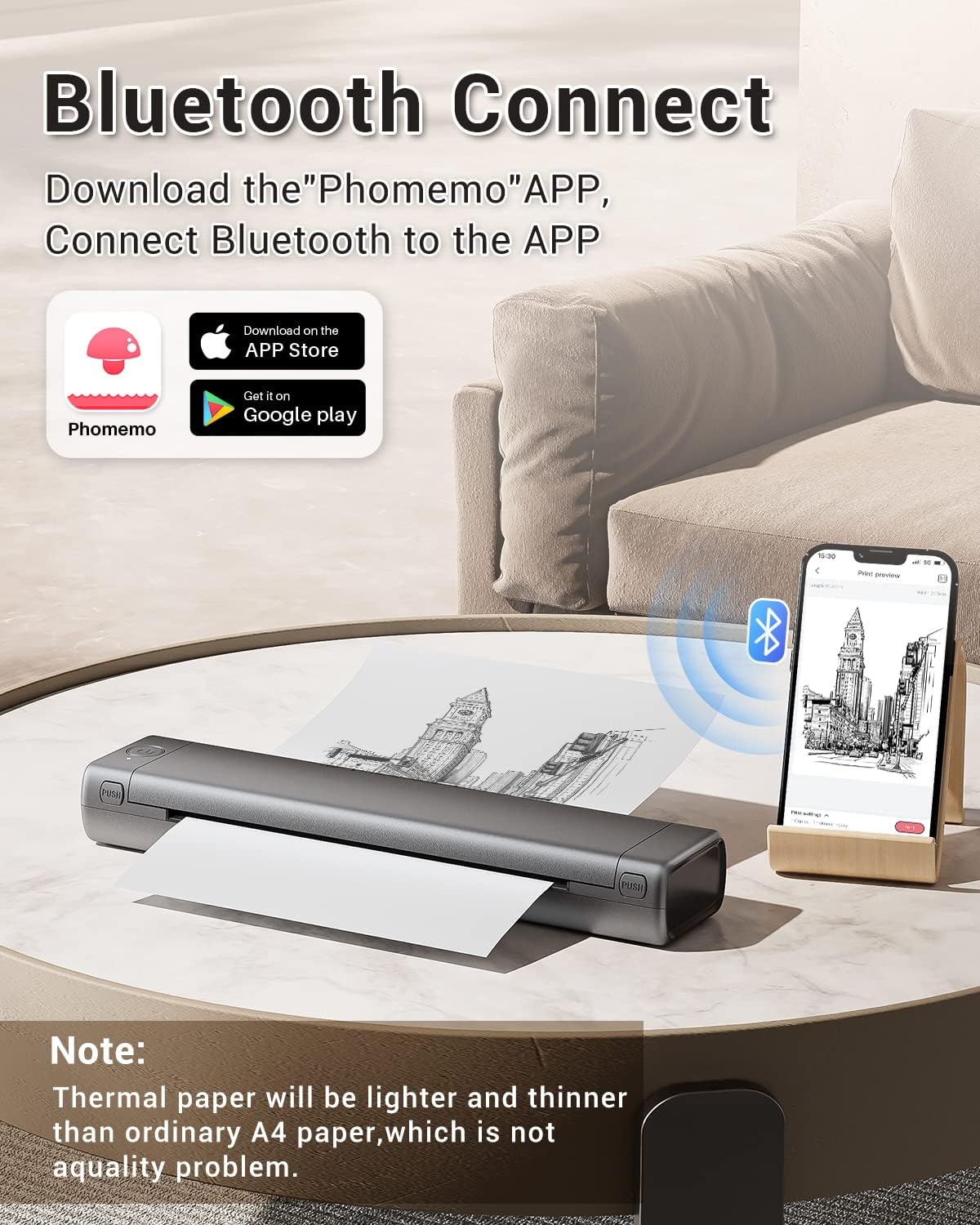 Phomemo M08F – Impresora portátil + papel térmico A4, 200 piezas, impresora Bluetooth inalámbrica para el hogar, negocios, M08F-A4, impresora