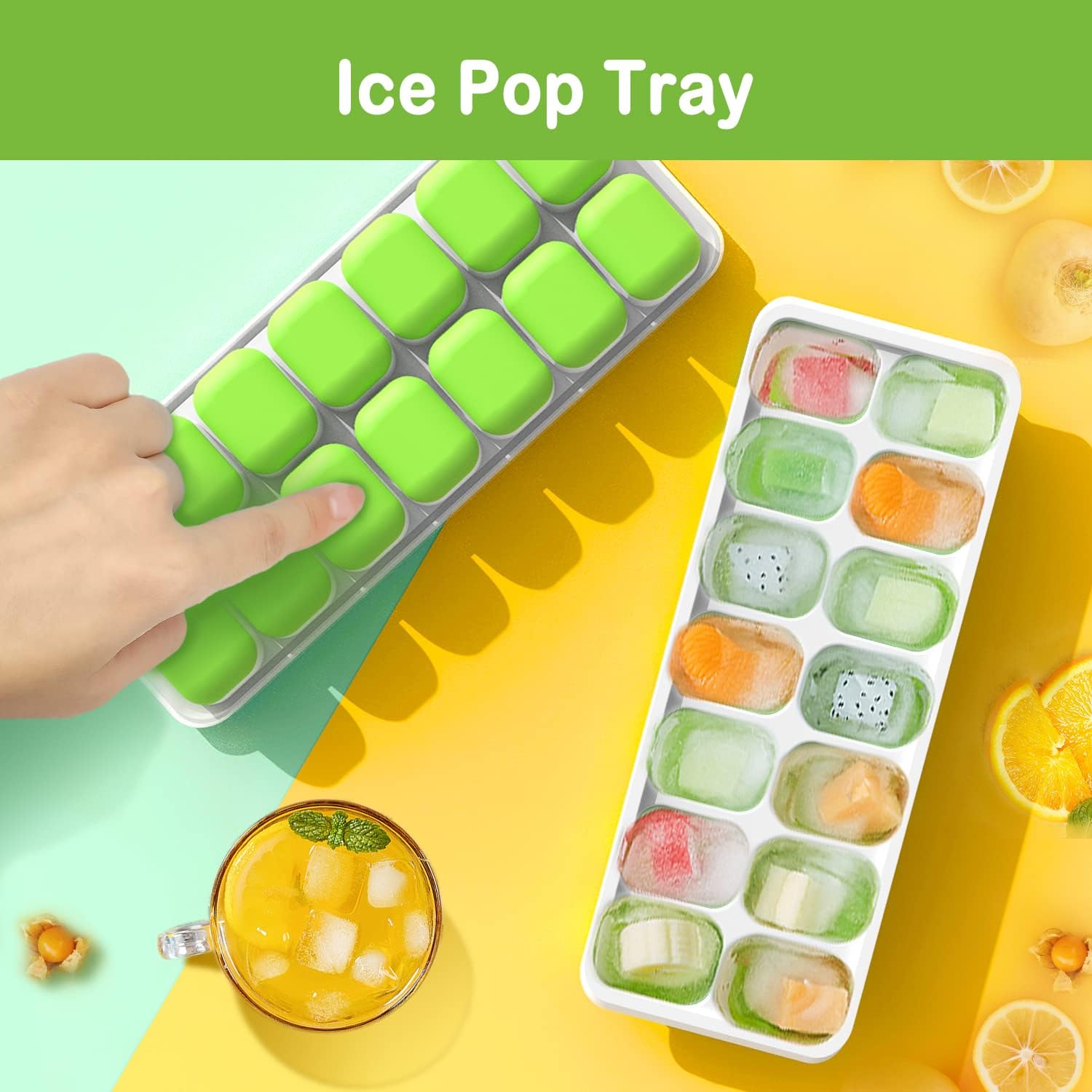 Bandejas de cubitos de hielo para congelador, bandeja de hielo de silicona, bandeja de hielo de fácil liberación con tapa apilable y resistente a