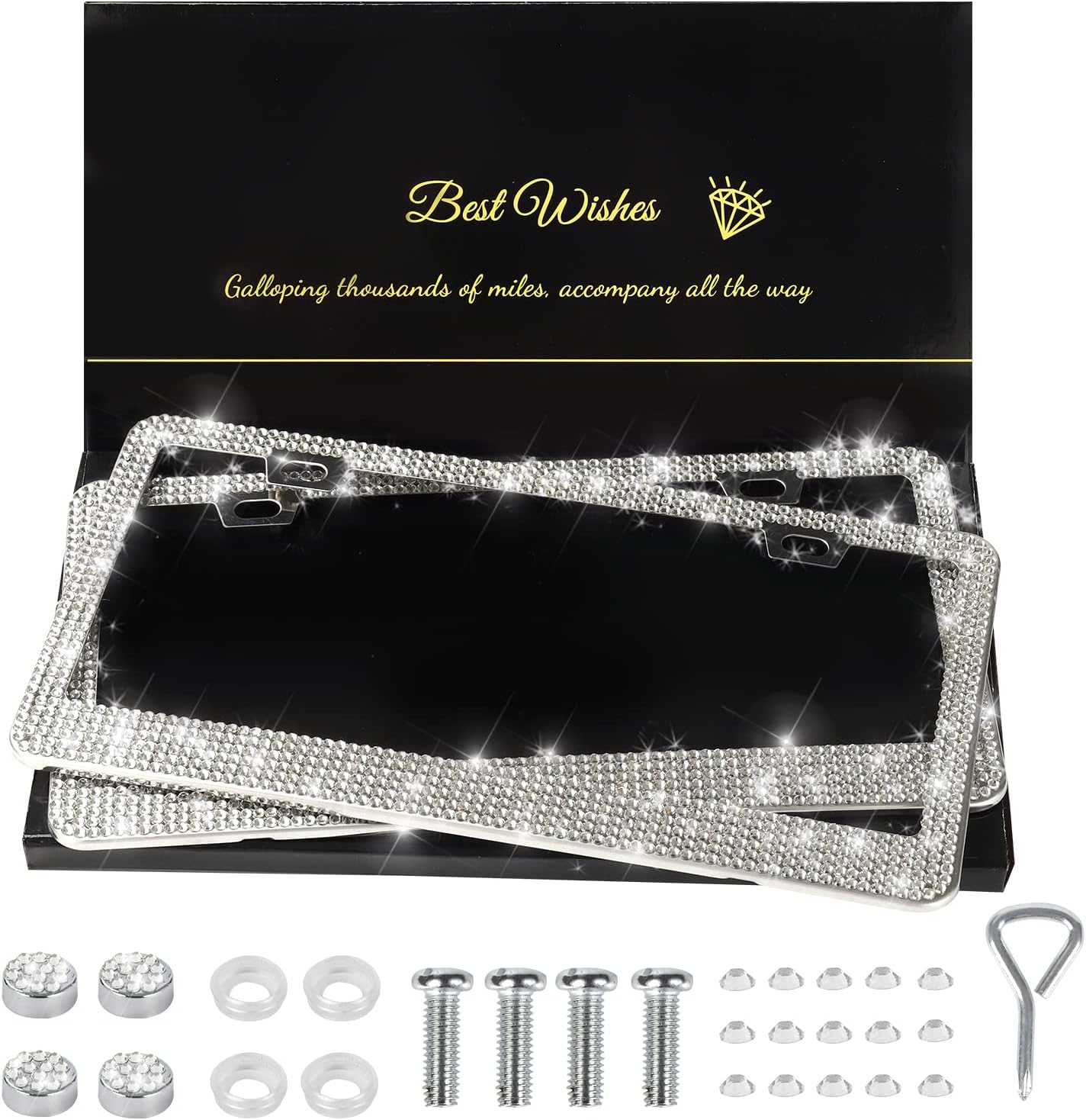 Paquete de 2 marcos de matrícula brillantes para mujer, accesorios de automóvil con diamantes de imitación brillantes para mujer, cubierta de placa